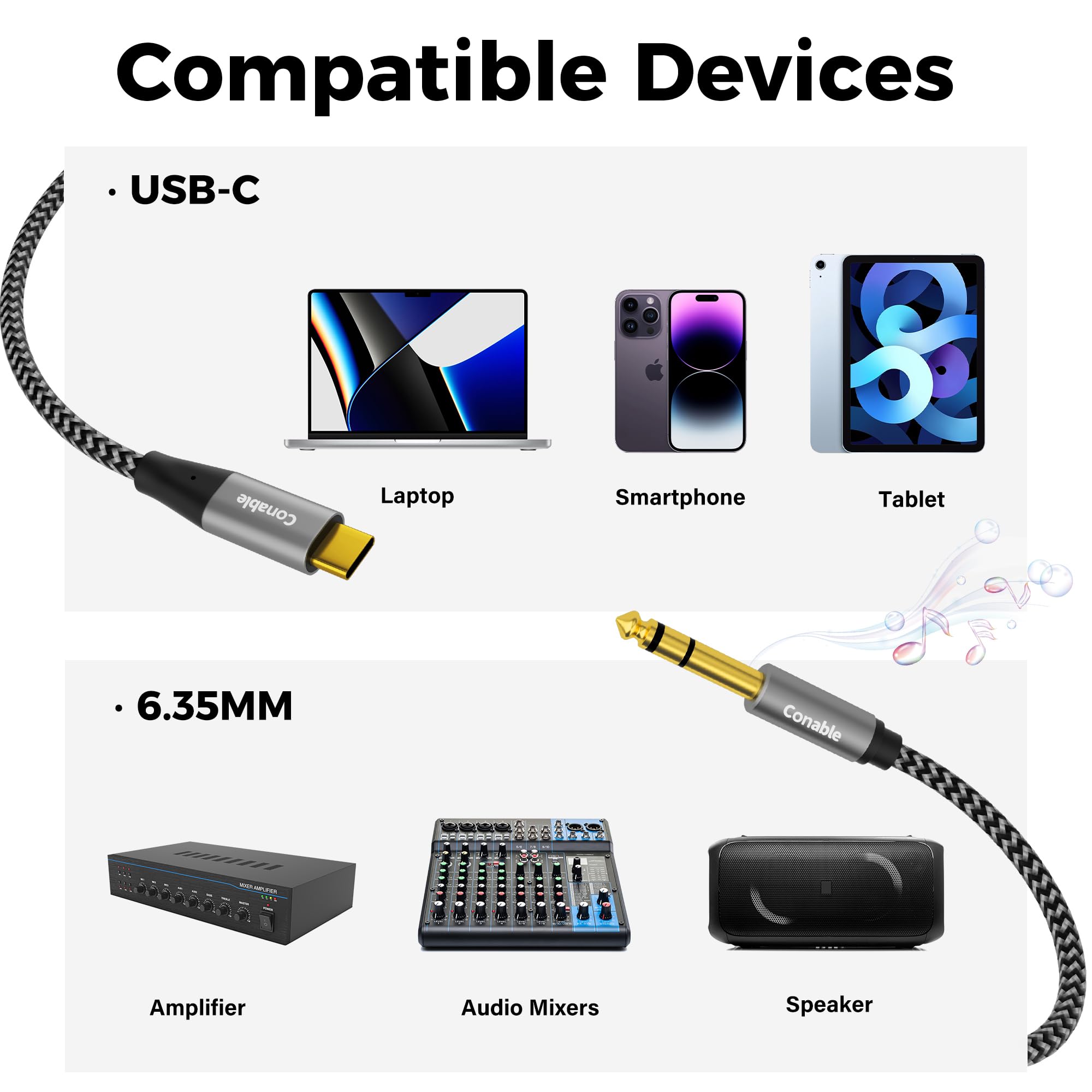 Conable USB C to 1/4" TRS Stereo Audio Cable 4FT, Unidirectional by Conable - Angle View 8