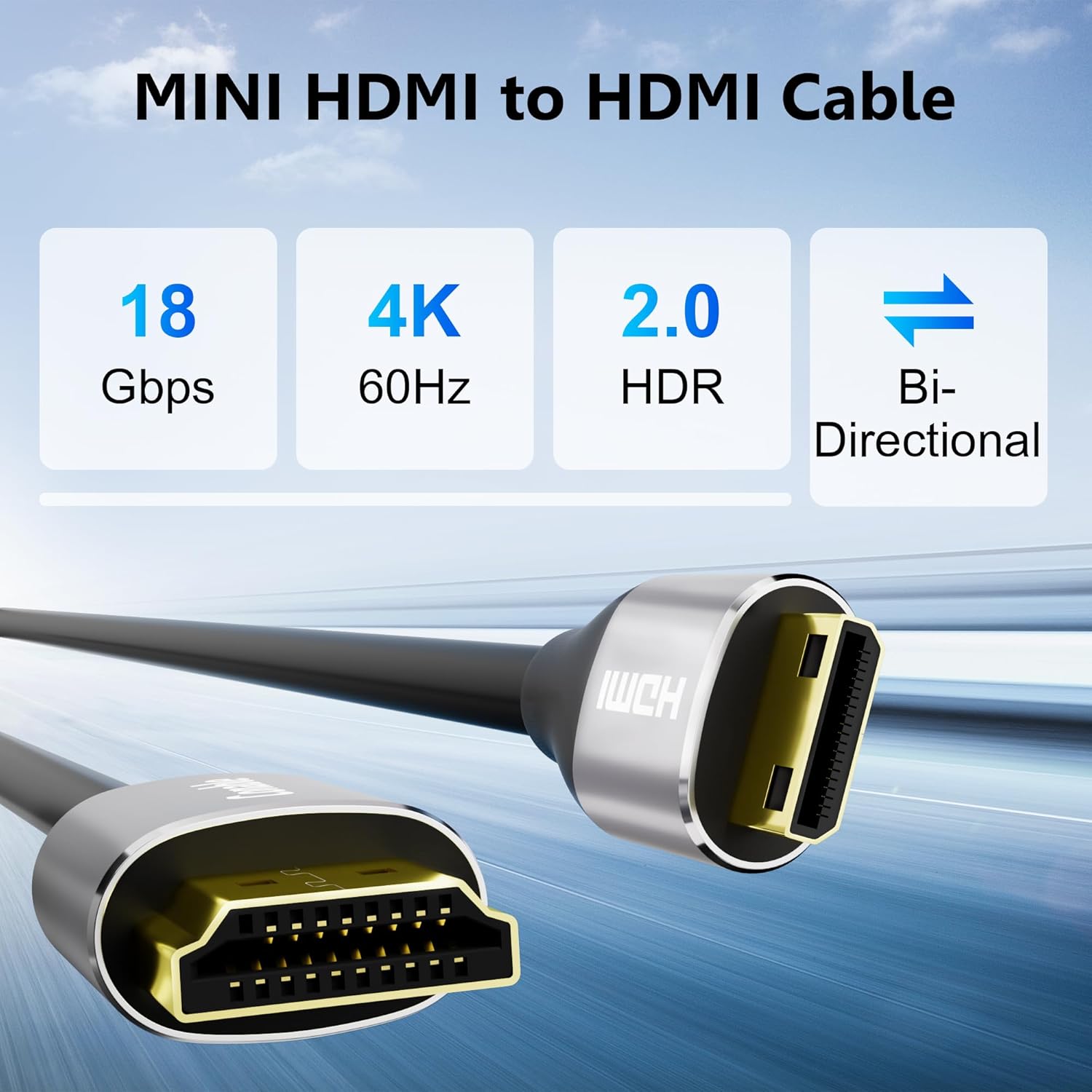 Conable HDMI to Mini HDMI cable, 20 FT high-speed 2.0 cord with 4K@60Hz support, bi-directional for connecting devices.