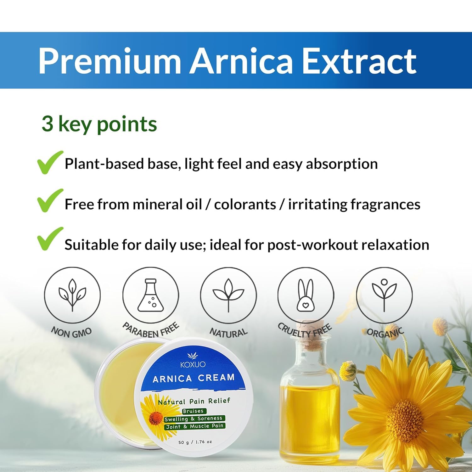 KOXUO Arnica Cream botanical body moisturizer jar, 50g, with visible label and cream texture in a natural skincare setting