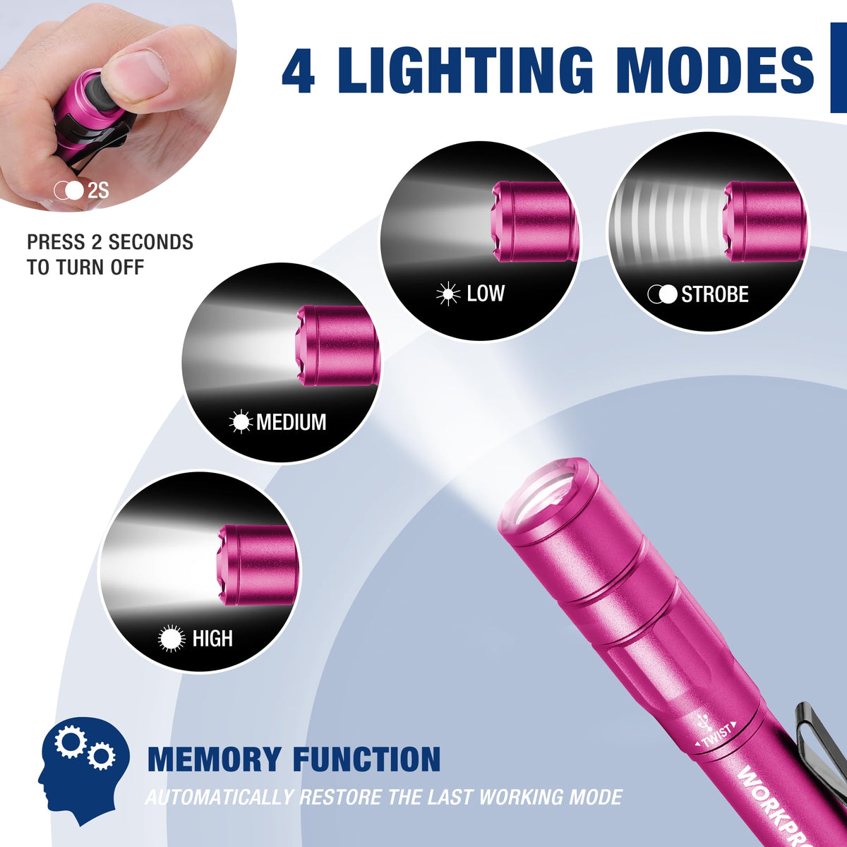 WORKPRO Rechargeable Pen Light 2 Pack Mini Flashlight Pink - WORKPRO Official Imagery - 5