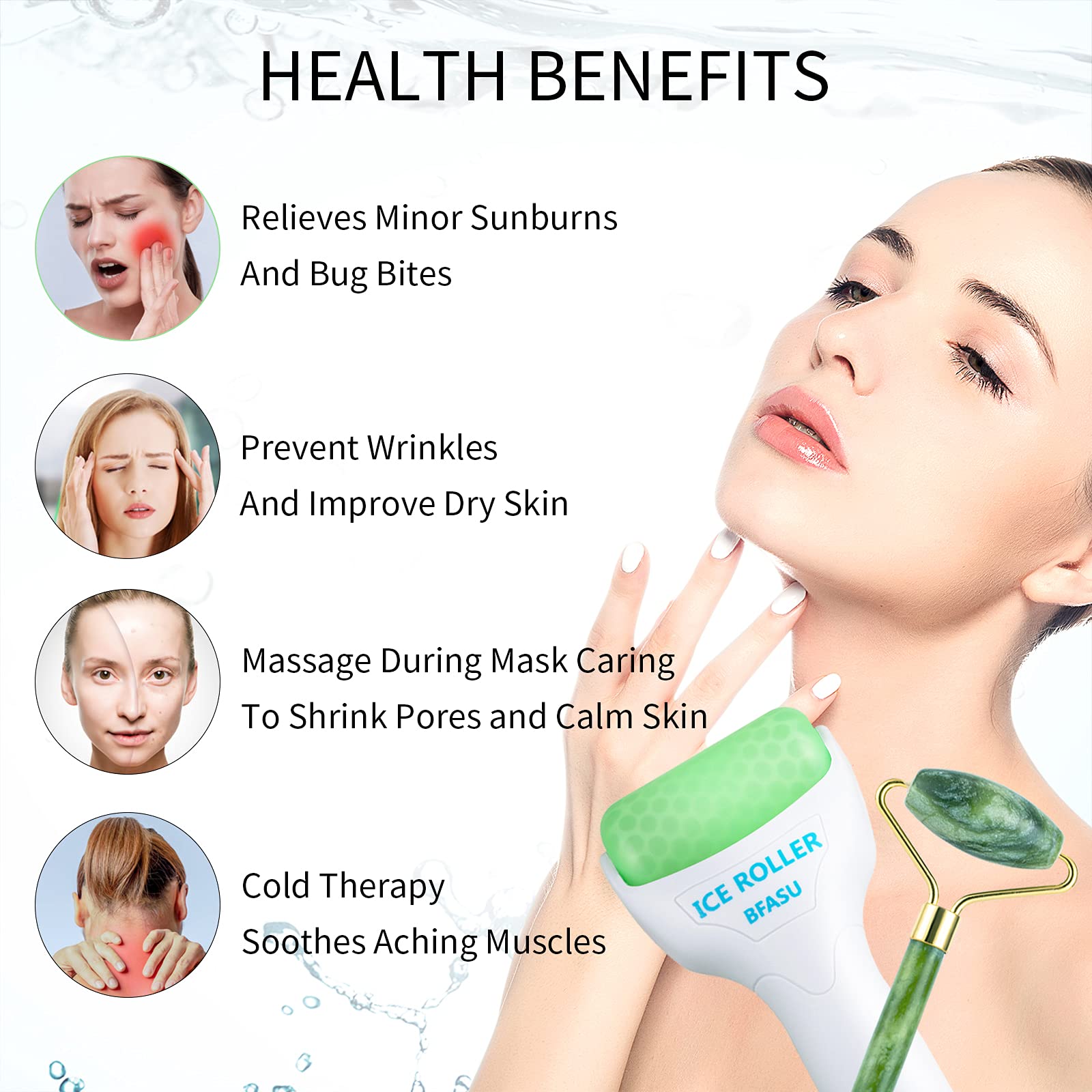 BFASU 3-in-1 facial roller set with ice, jade, and Gua Sha massage tools, displayed on a neutral background.