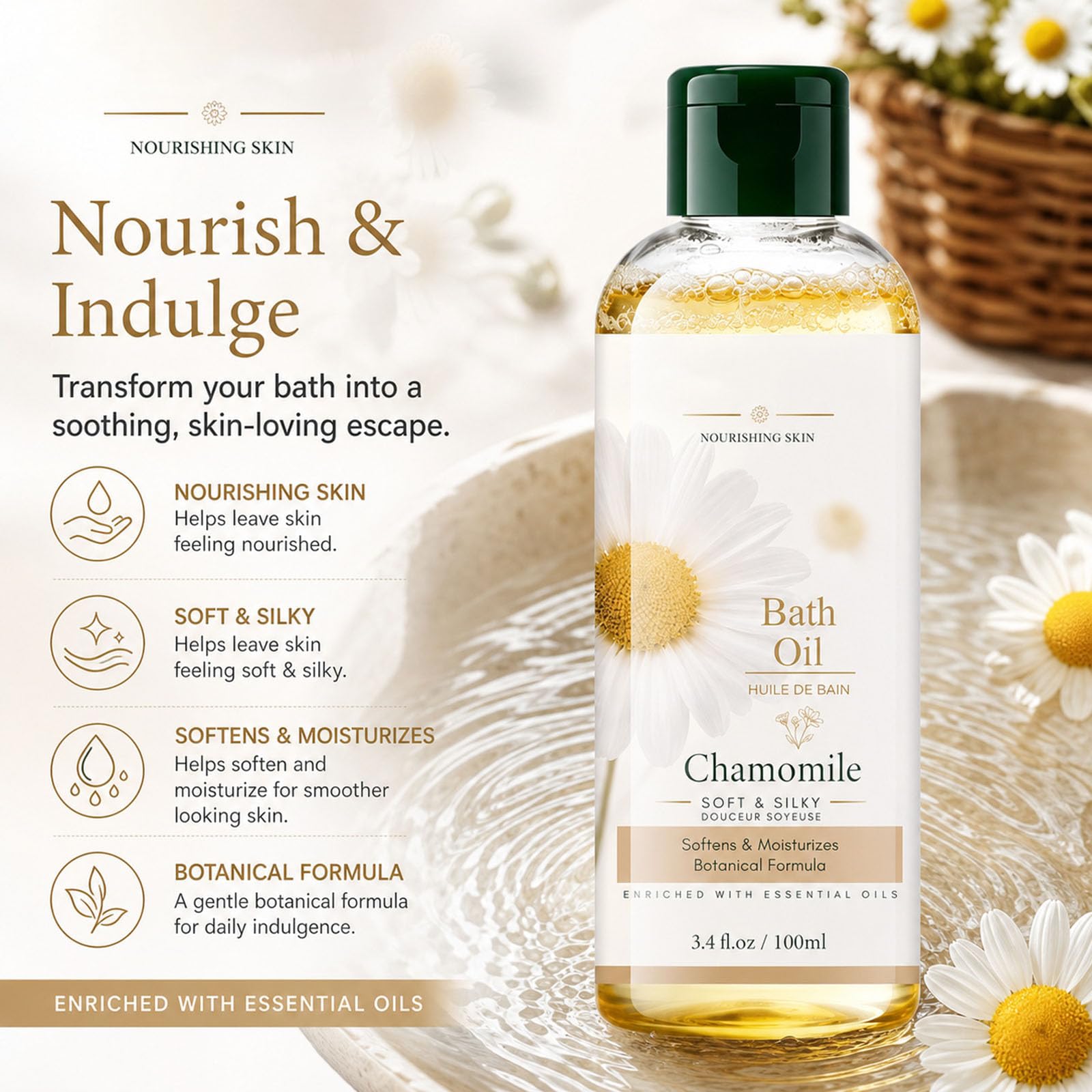 JINXIMAO chamomile bath oil bottle, natural soothing moisturizing bath additive, relaxing aromatherapy for dry sensitive skin.