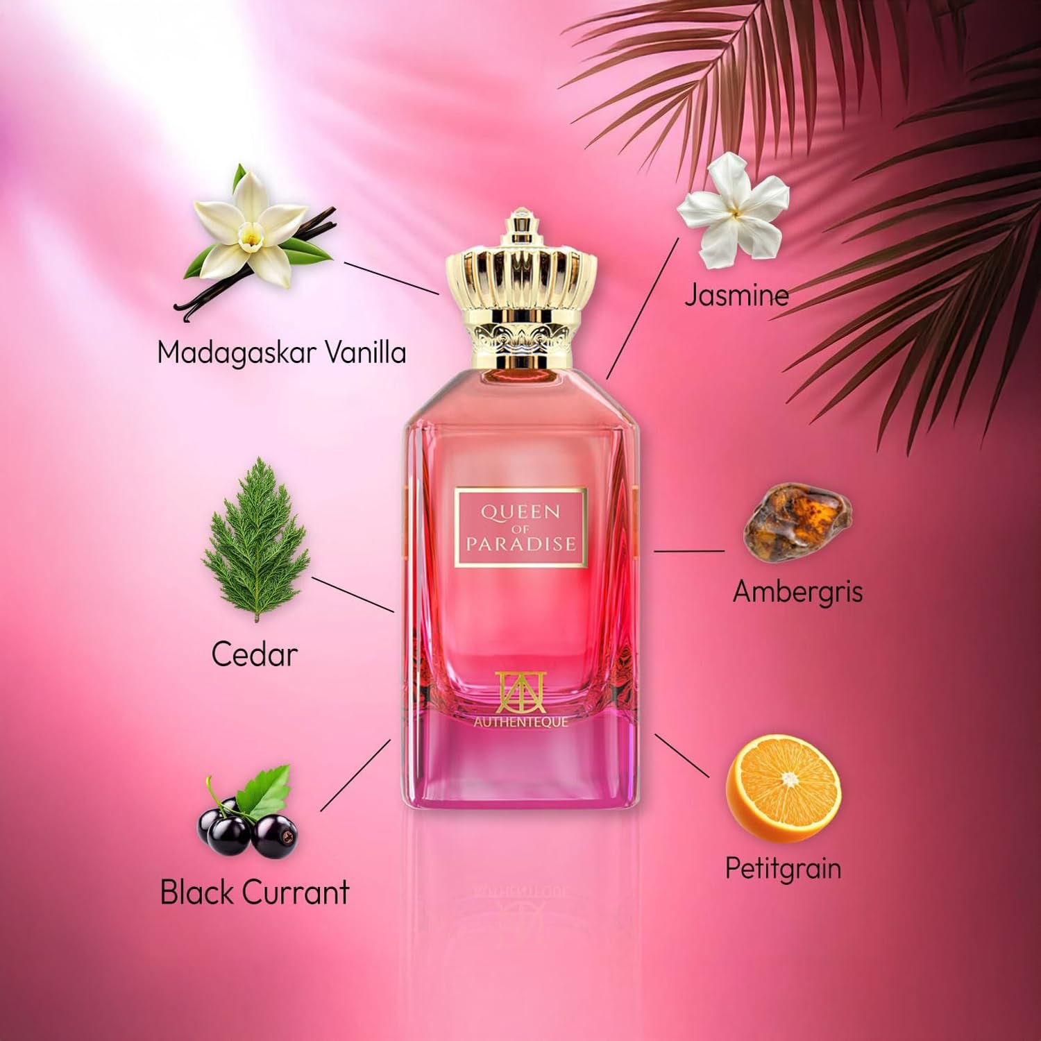 Authenteque Queen of Paradise long-lasting vanilla perfume for women in elegant glass bottle, Eau de Parfum with floral and sweet scent