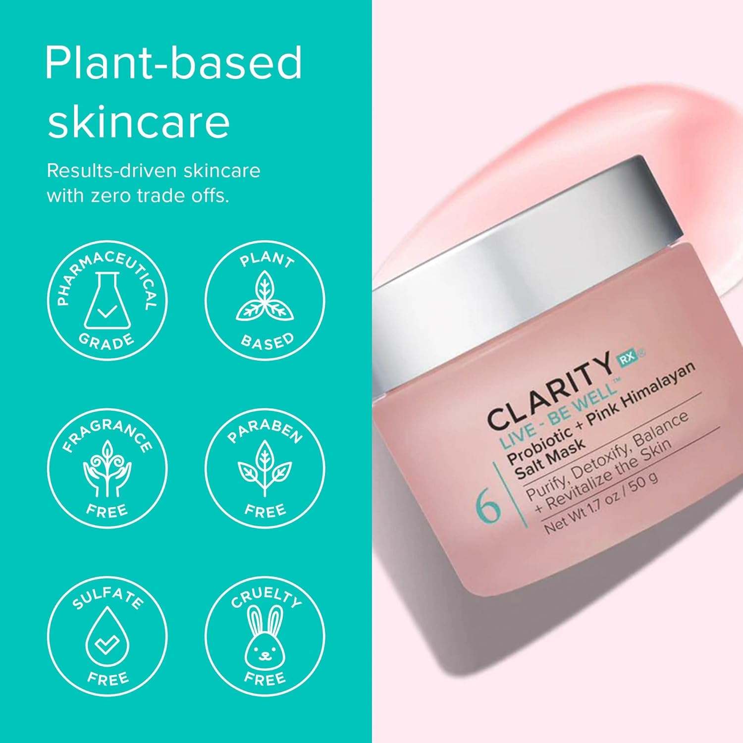 ClarityRx Live + Be Well probiotic face mask with pink Himalayan salt for skin detox and rejuvenation in a jar
