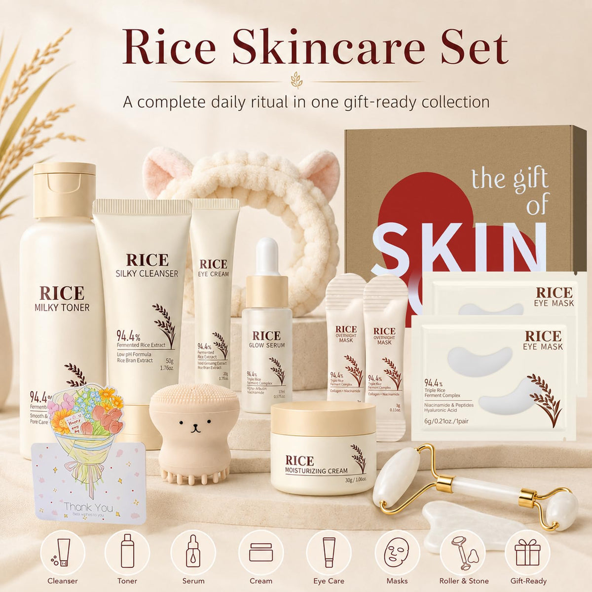 16PCS Rice Skincare Set for Women Korean Skin Care Set Face - WOUGLAY Official Imagery - 3