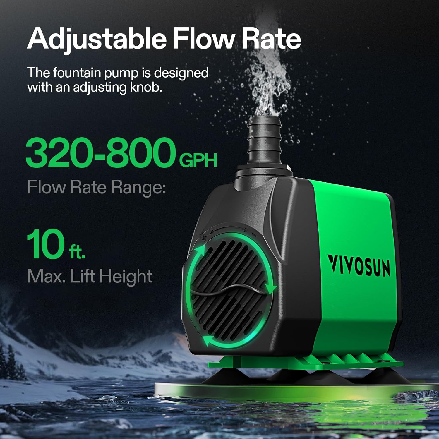 VIVOSUN 800GPH submersible water pump for fountains, 3000L/h flow rate, 24W, quiet operation, suitable for aquatic features.