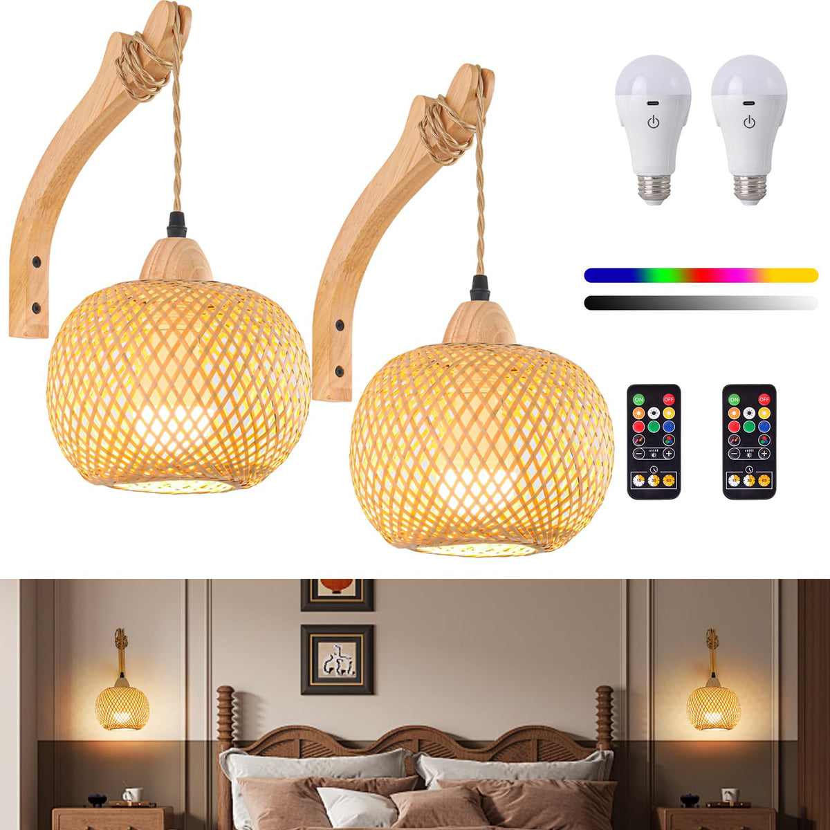 Battery Operated Wall Sconces Set of 2 with Remote Boho - Rizzyluz Official Imagery - 2