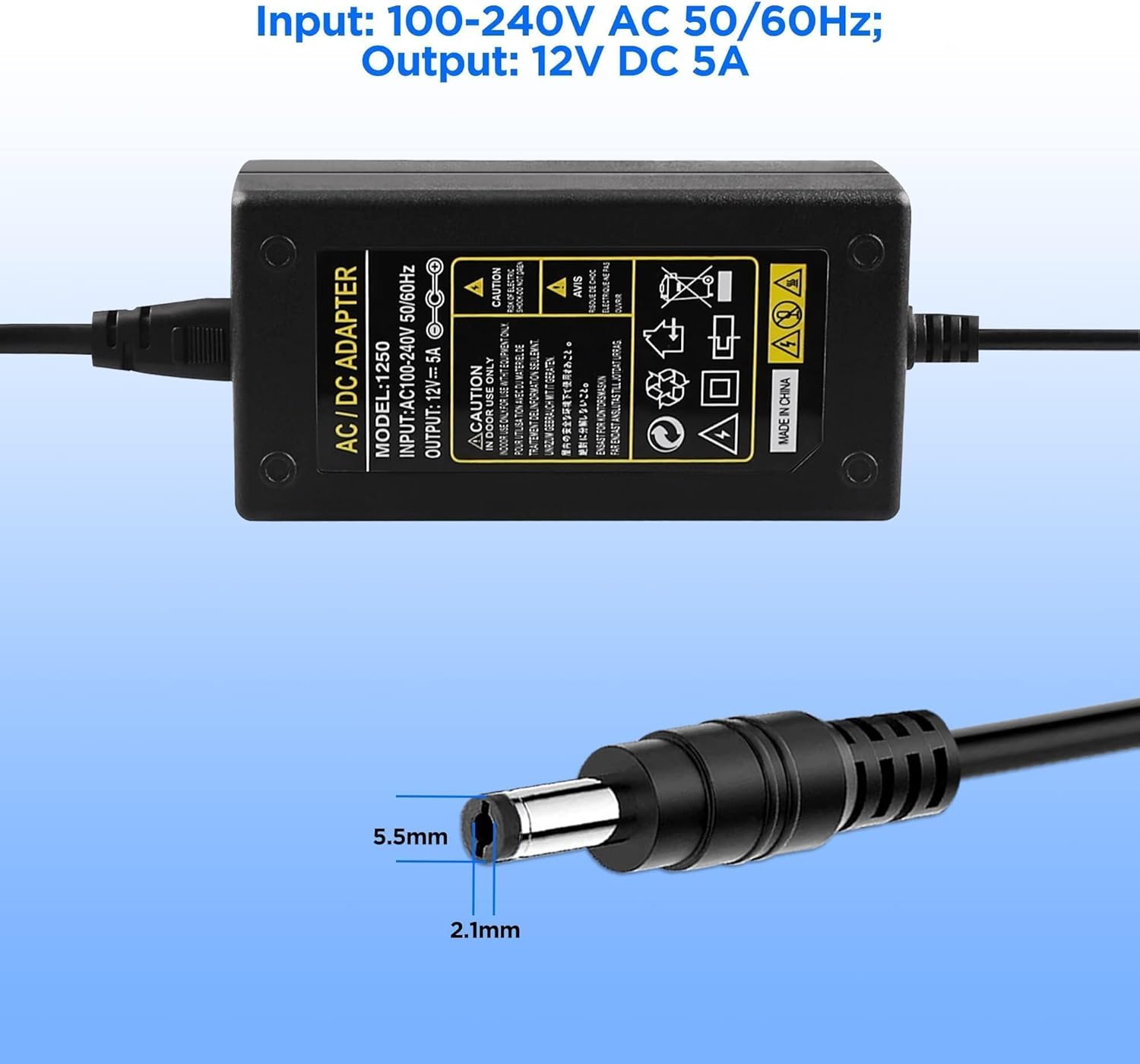 BXIZXD 12V 5A security camera power adapter with 8-way splitter, AC to DC LED power transformer for surveillance systems