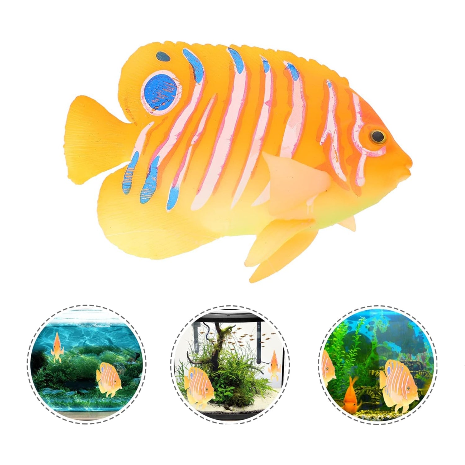 Colorful silicone artificial angelfish aquarium decoration floating in a fish tank, designed by Ipetboom for aquatic environments.
