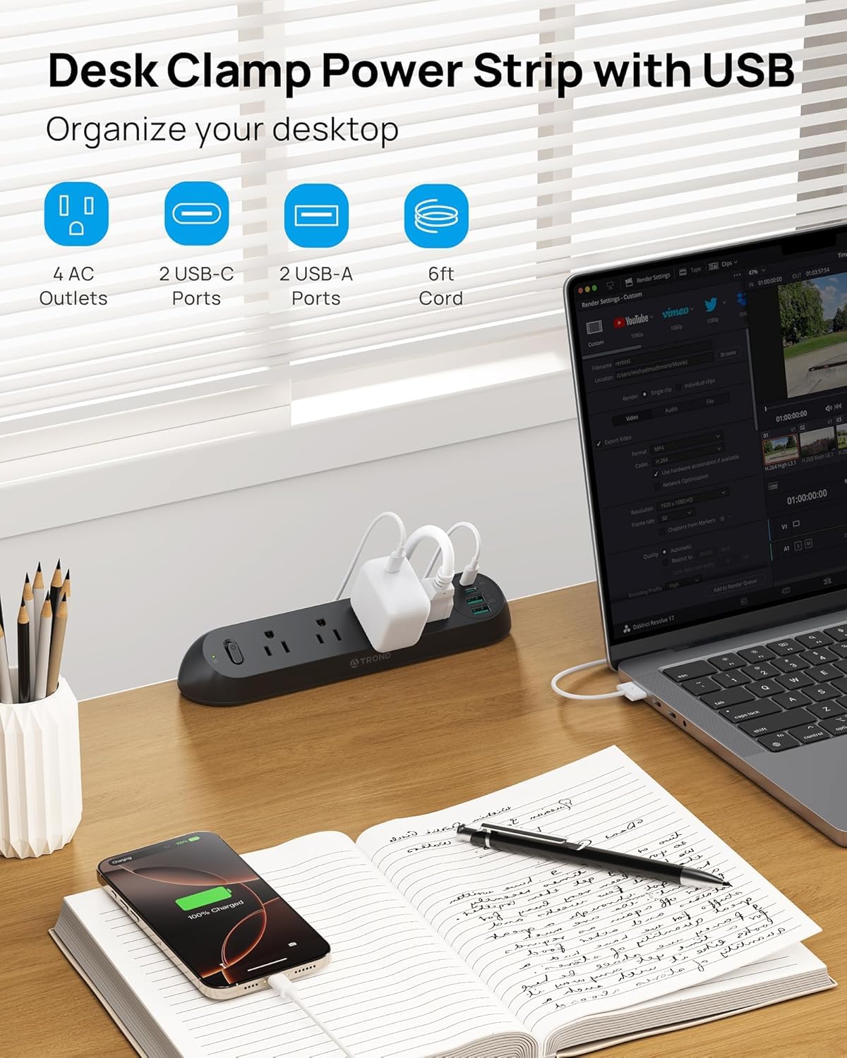 TROND Desk Clamp Power Strip USB C PD 20W Flat Plug 6ft - TROND Official Imagery - 3