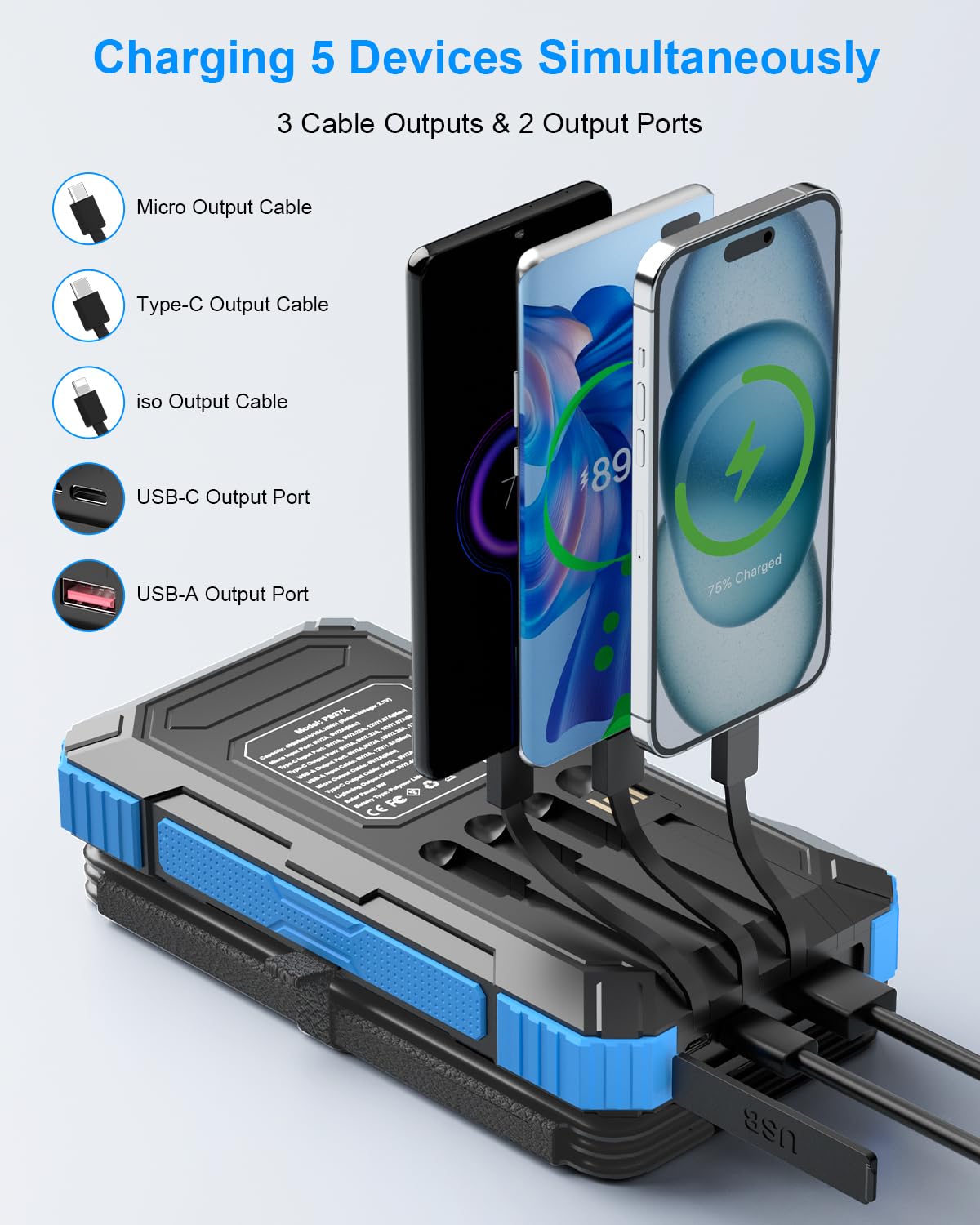 Multi-device charging station with five devices being charged, featuring various cable outputs on a light gray background.