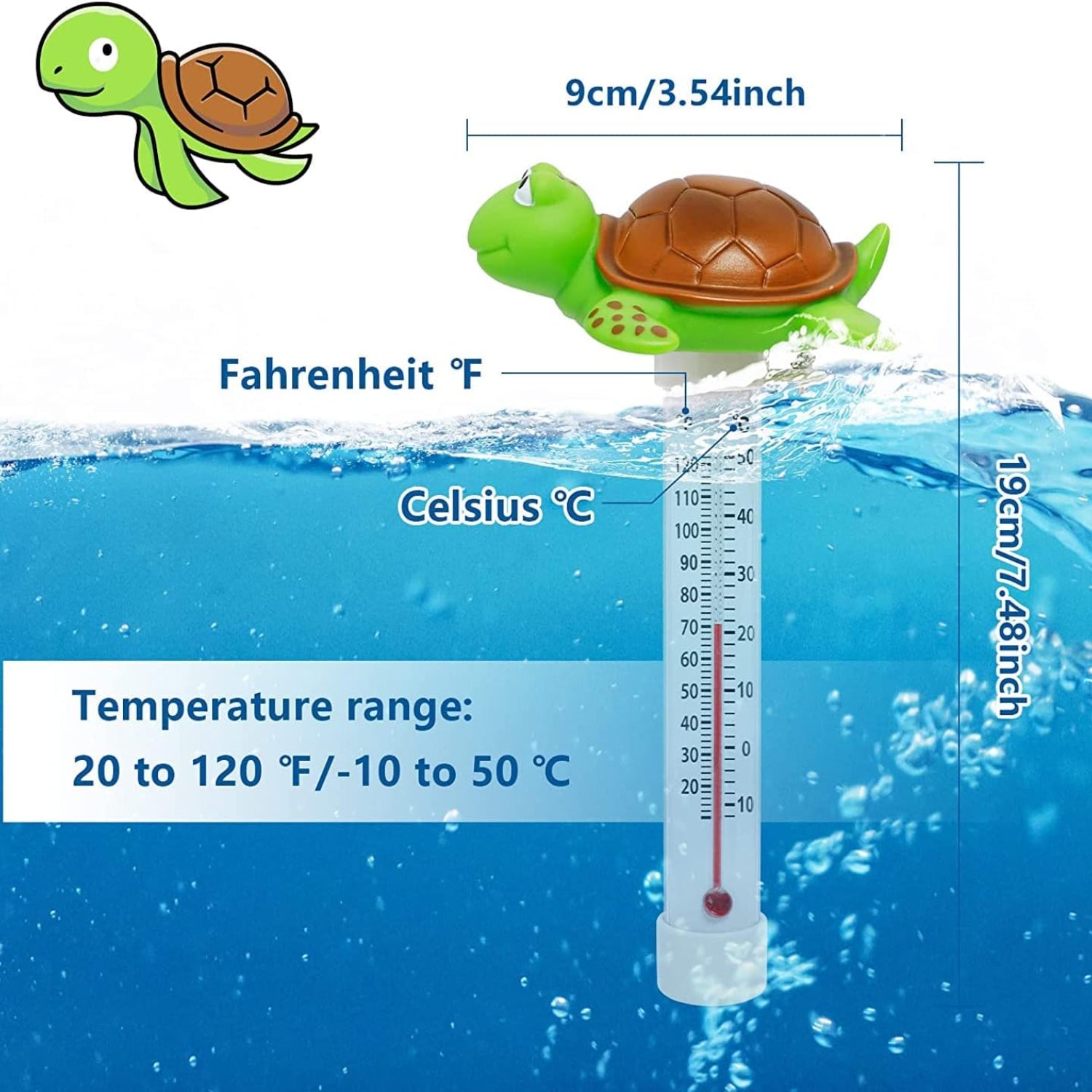 Unipool floating pool thermometer with large display, easy-to-read numbers, shatter-resistant design, and attached string for easy use