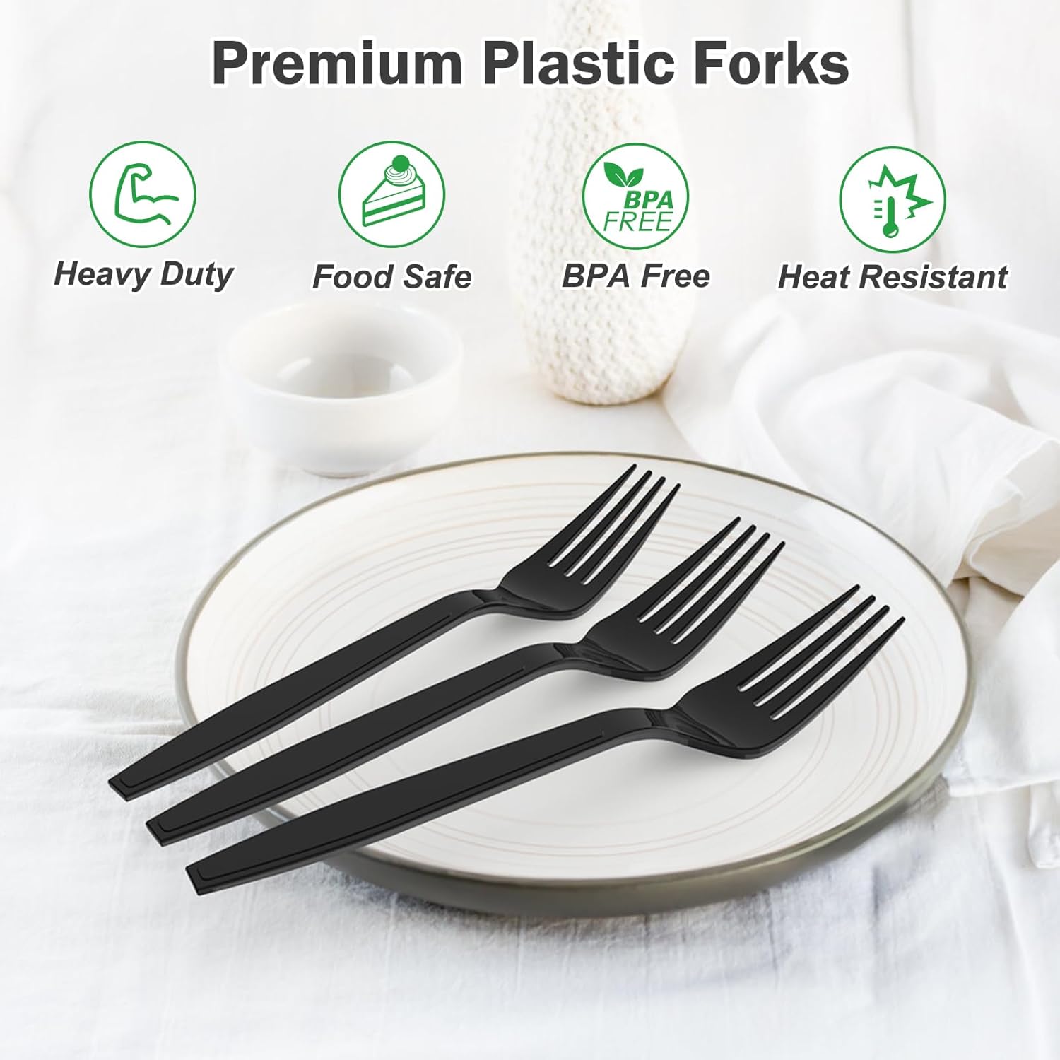 Dealusy 360 black disposable plastic forks, extra heavy-duty and BPA-free, ideal for parties and outdoor gatherings