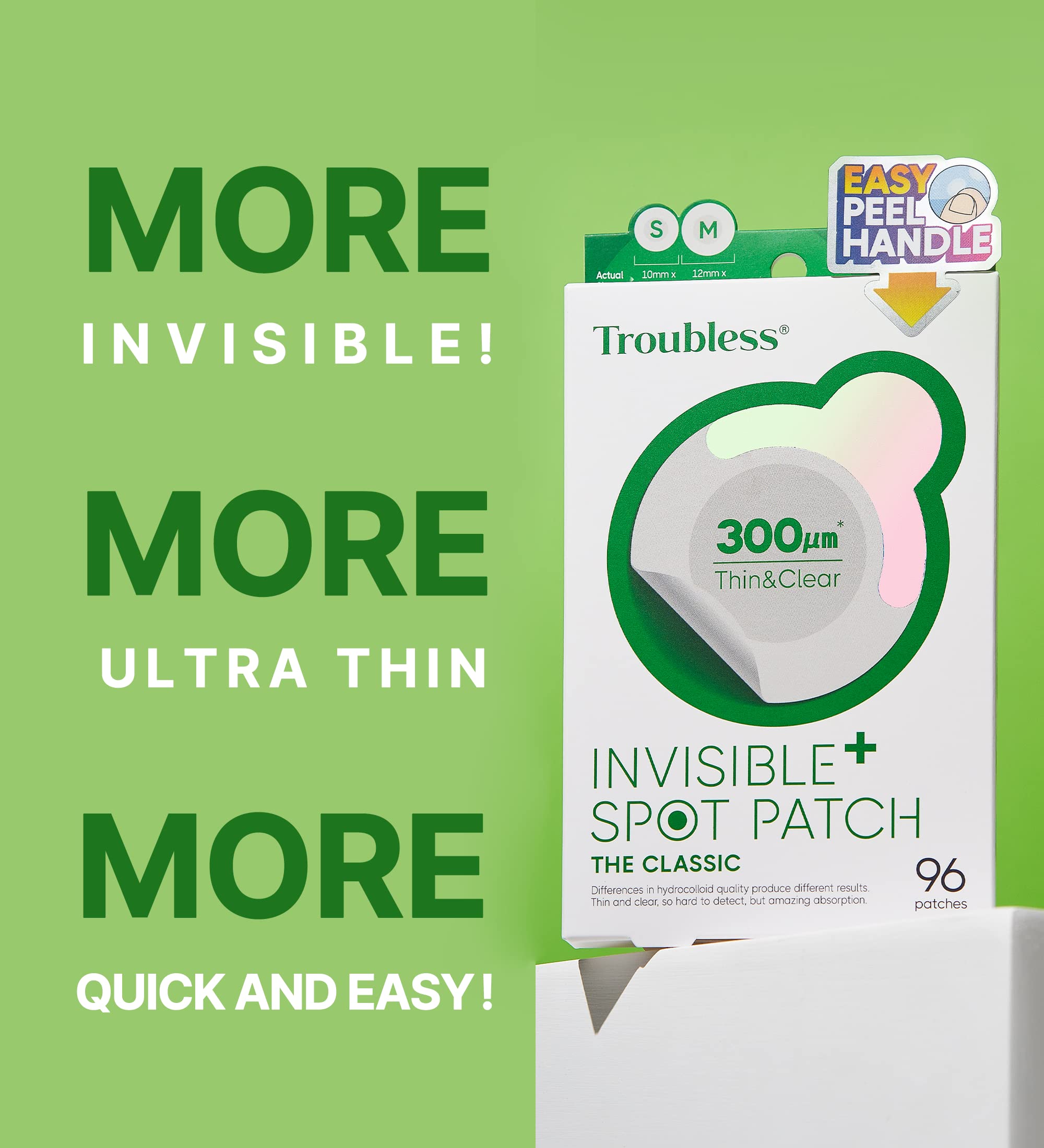 Invisible Pimple Spot Patch - Classic, Hydrocolloid Acne Patches for Face | Ultra Thin Acne Patches with Easy Peel Handle | Overnight Pimple Patches | 2 Sizes, 96 Count (Pack of 1) - Troubless Official Product View 3