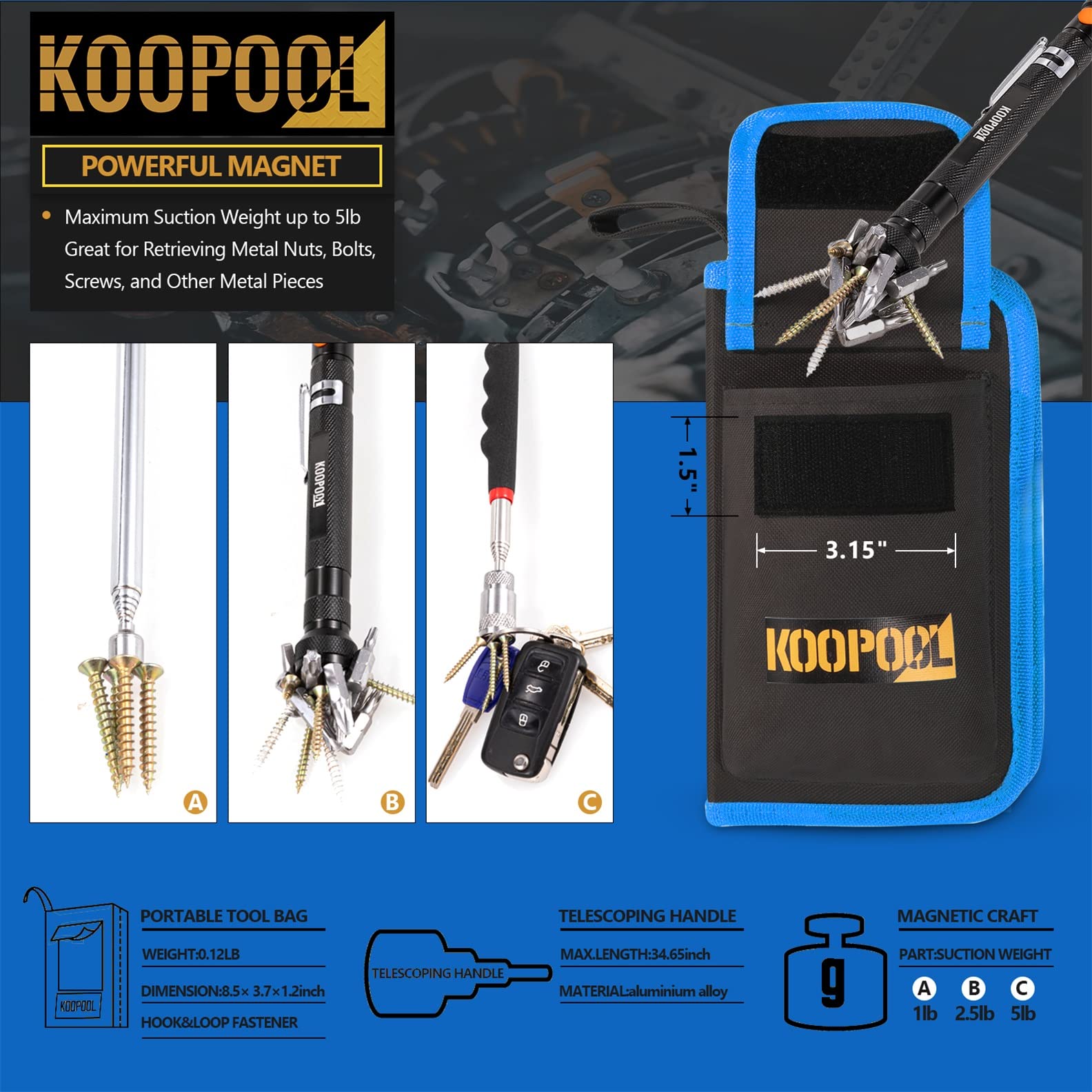 KOOPOOL Telescoping Magnetic Pickup Tool Set, Inspection Mirror T by KOOPOOL - Angle View 6