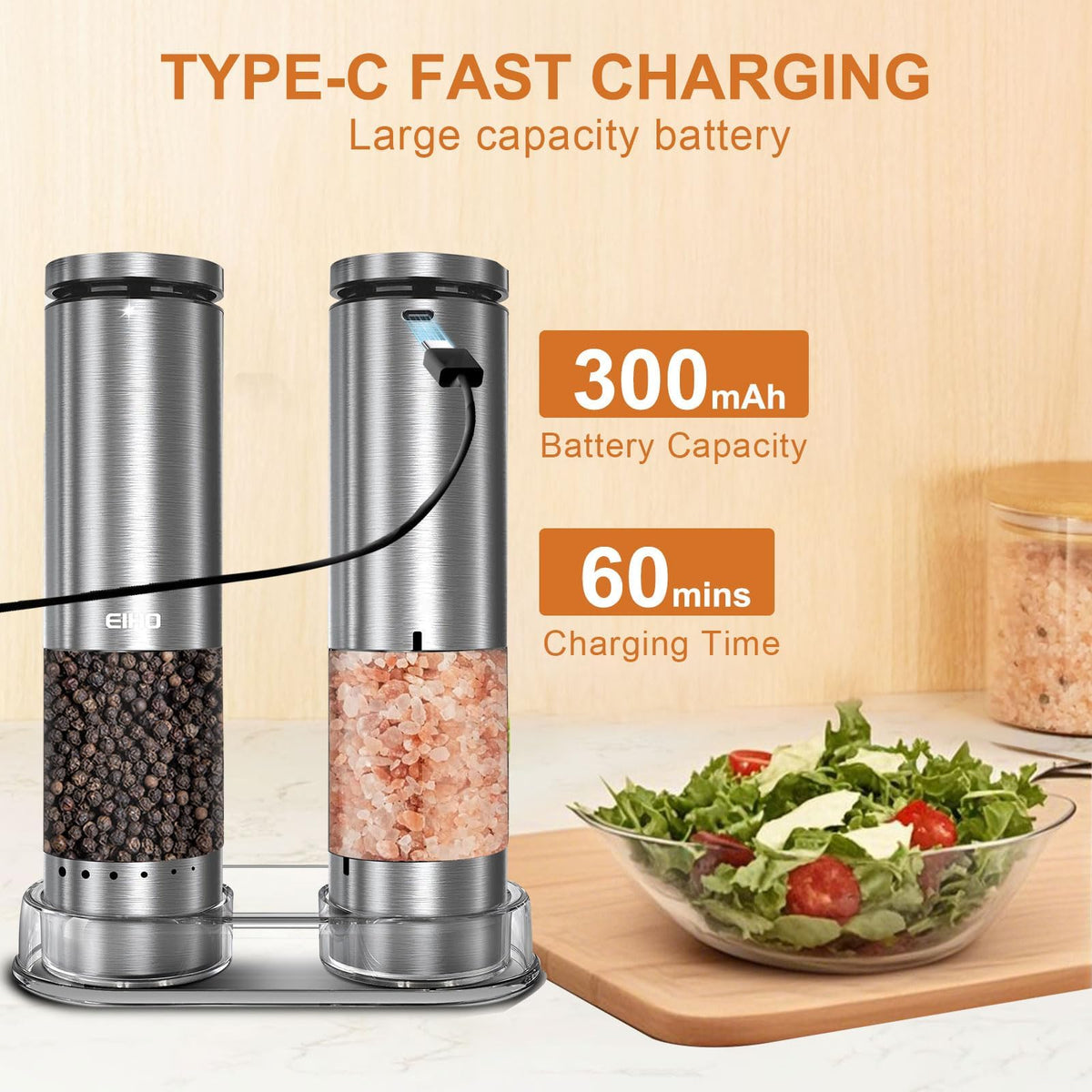 Electric Salt and Pepper Grinder Set Rechargeable Automatic - EIHO Official Imagery - 7