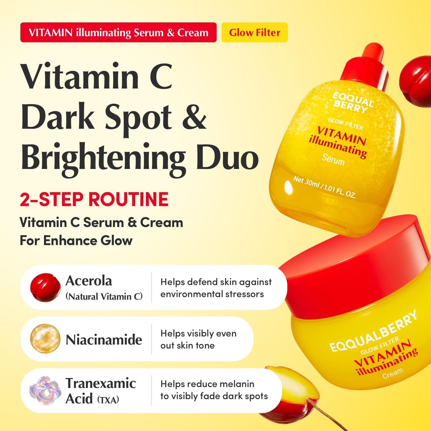 EQQUALBERRY Vitamin C Dark Spots & Brightening Duo | Vitamin Illuminating Serum & Cream with Niacinamide, TXA & Ceramides | Korean Skincare Set for Even Tone & Glow - EQQUALBERRY Official Product View 3
