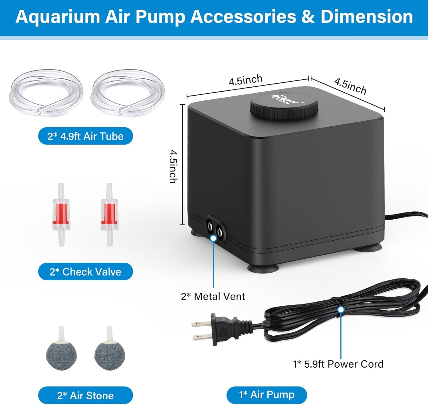 hygger aquarium air pump with 7W power, quiet adjustable fish tank aerator for oxygen circulation and aeration.