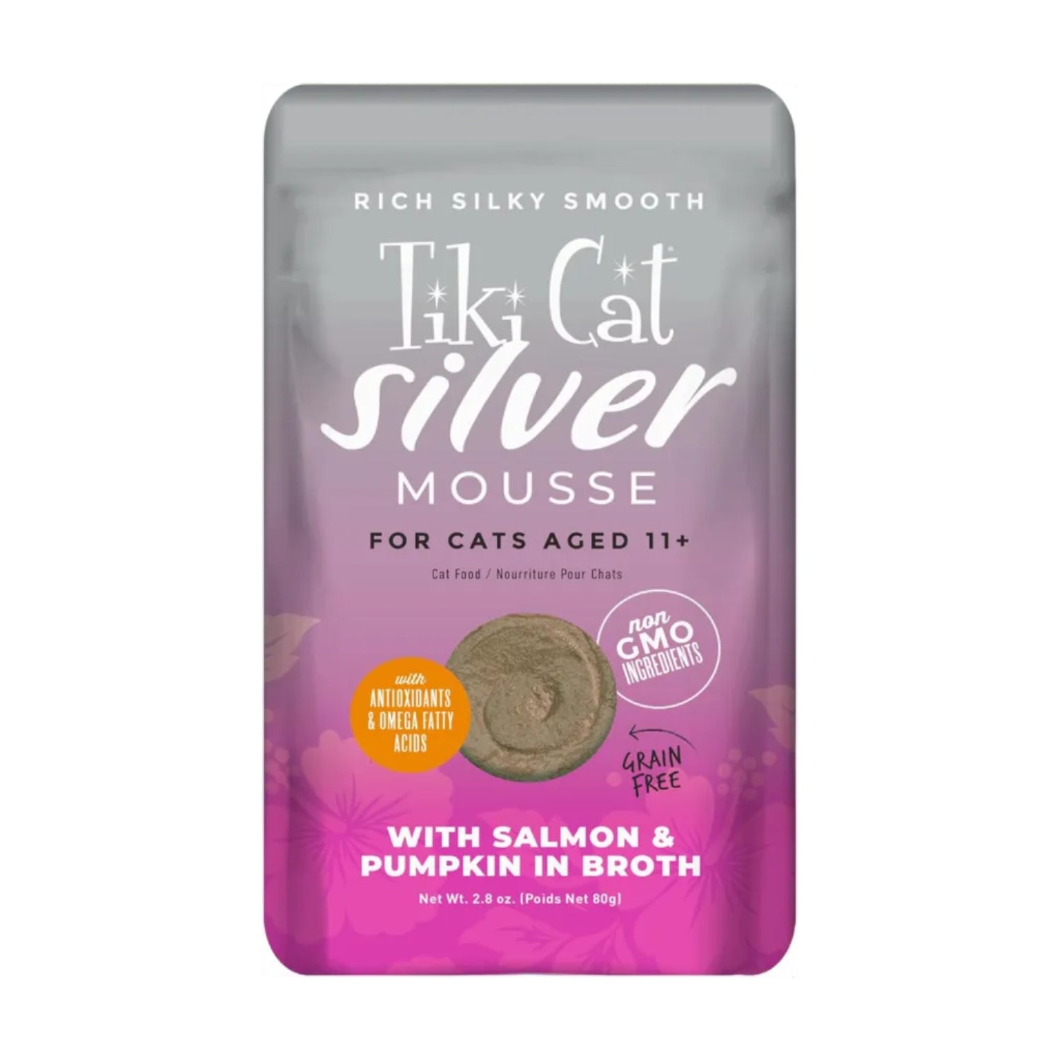 TIKI PETS Tiki Cat Silver Mousse with salmon and pumpkin in broth, showcasing silky smooth texture and nutritious ingredients.
