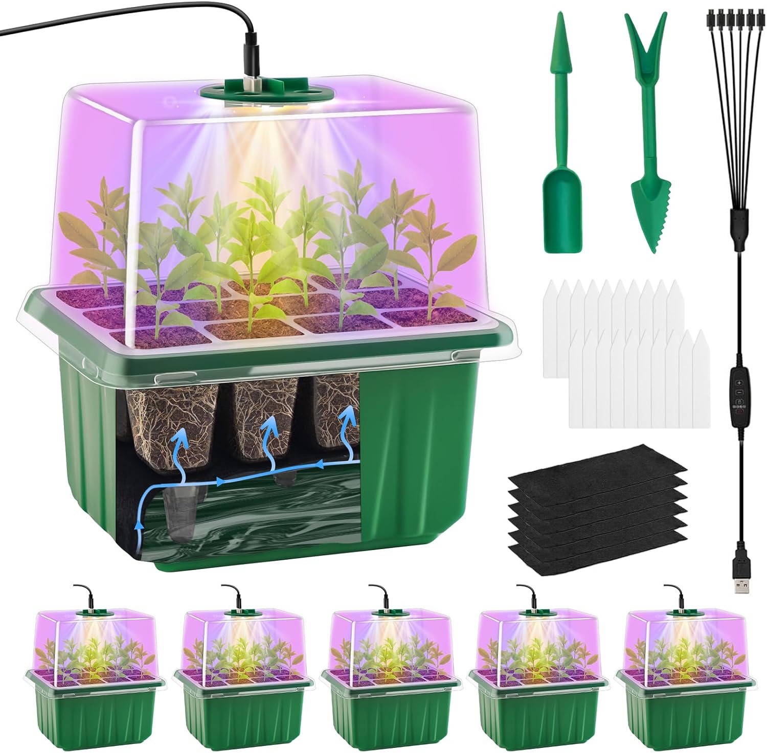 GOONMILL seed starter tray with grow light, 5-pack plant seedling starter kit for indoor gardening and plant propagation.
