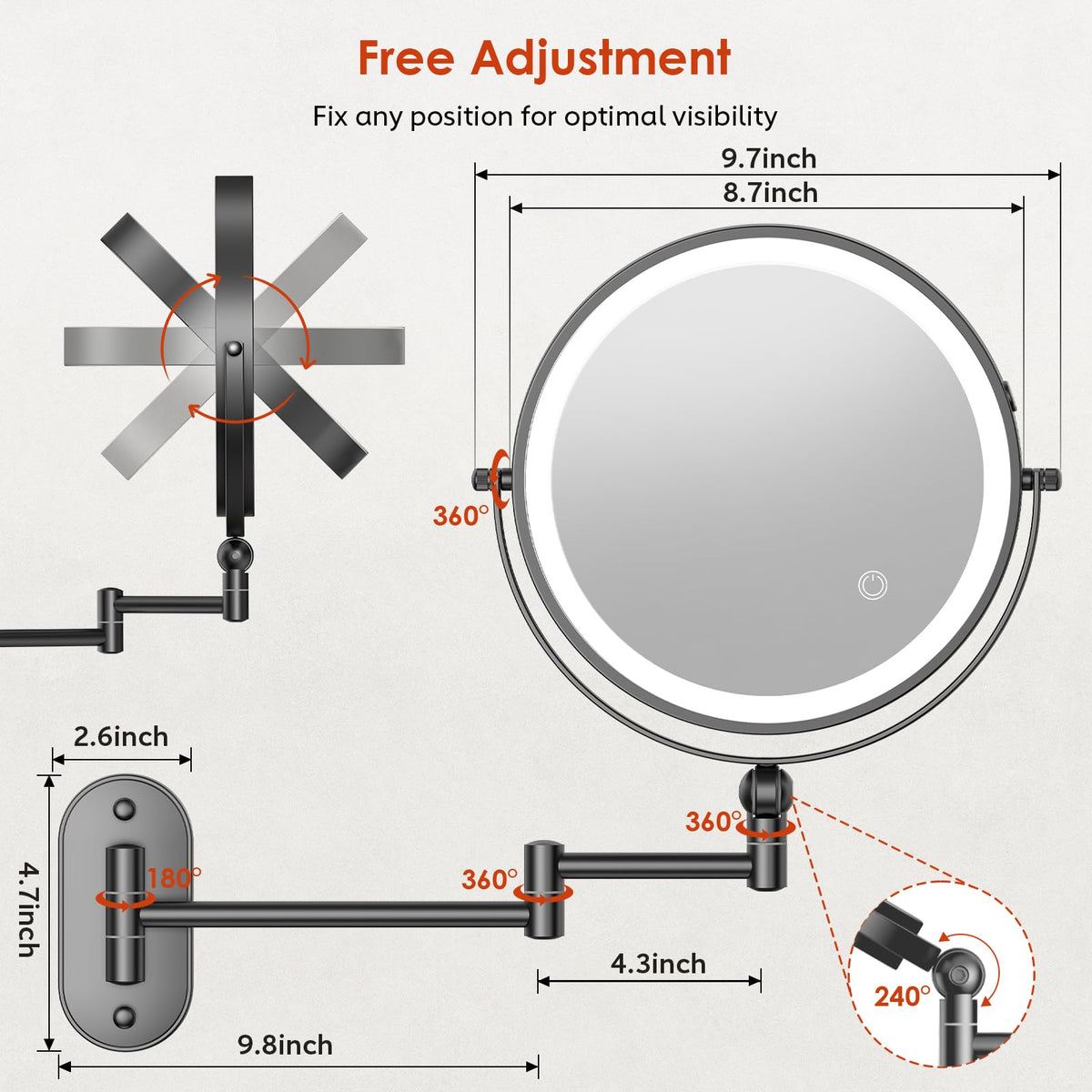 ZLOKLA 9 Wall Mounted Lighted Makeup Mirror 4000mAh - ZLOKLA Official Imagery - 3