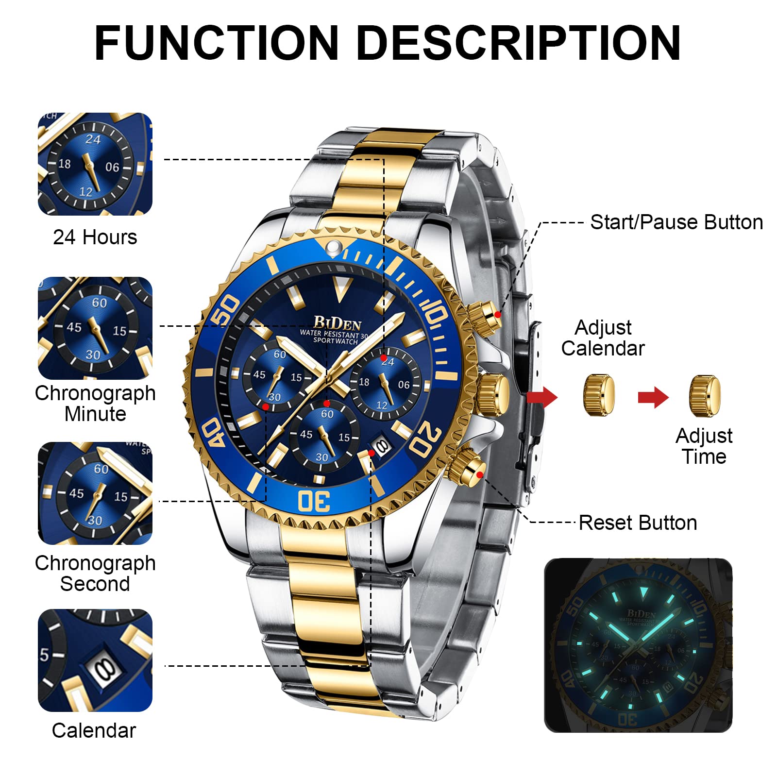 BIDEN Chronograph Men's Watch Gold Blue Steel