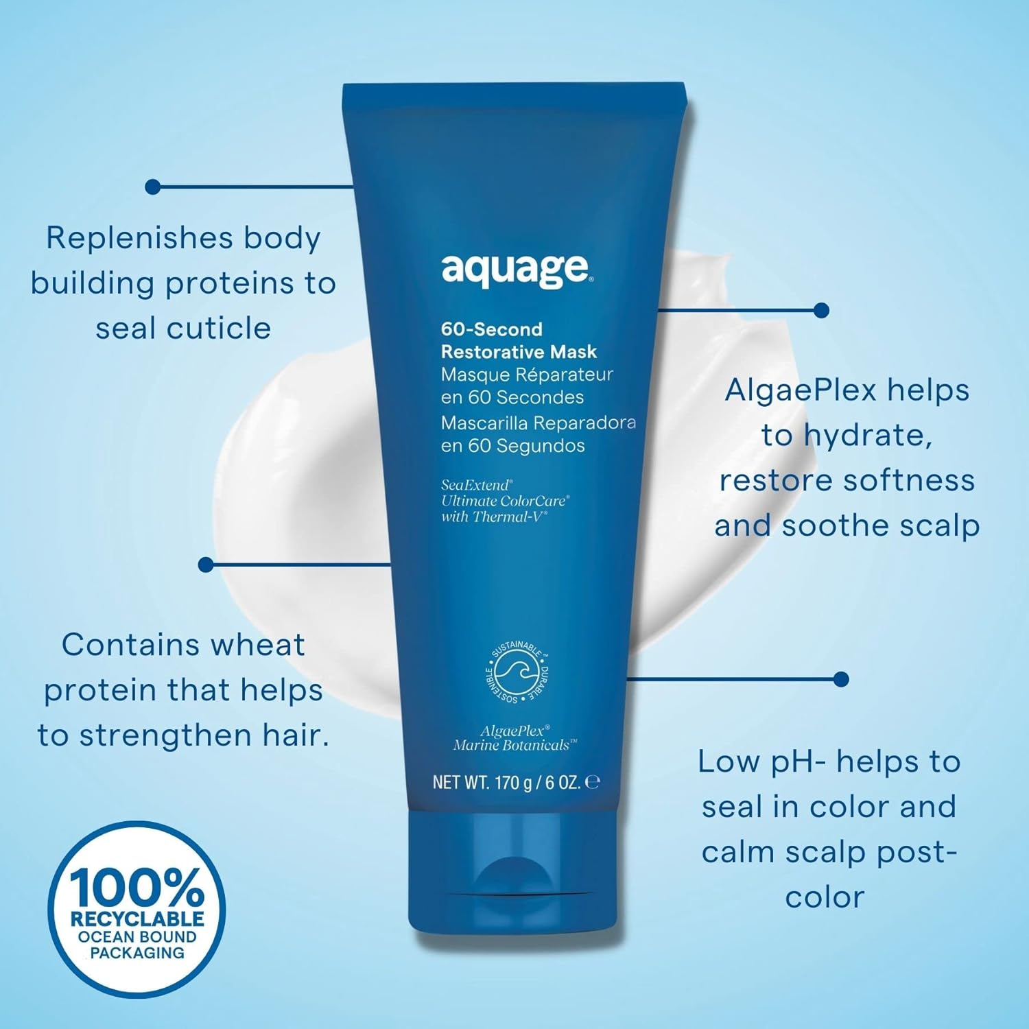 Elefair AQUAGE 60-Second Restorative Mask jar showing creamy texture for hair repair, moisture, and strength.
