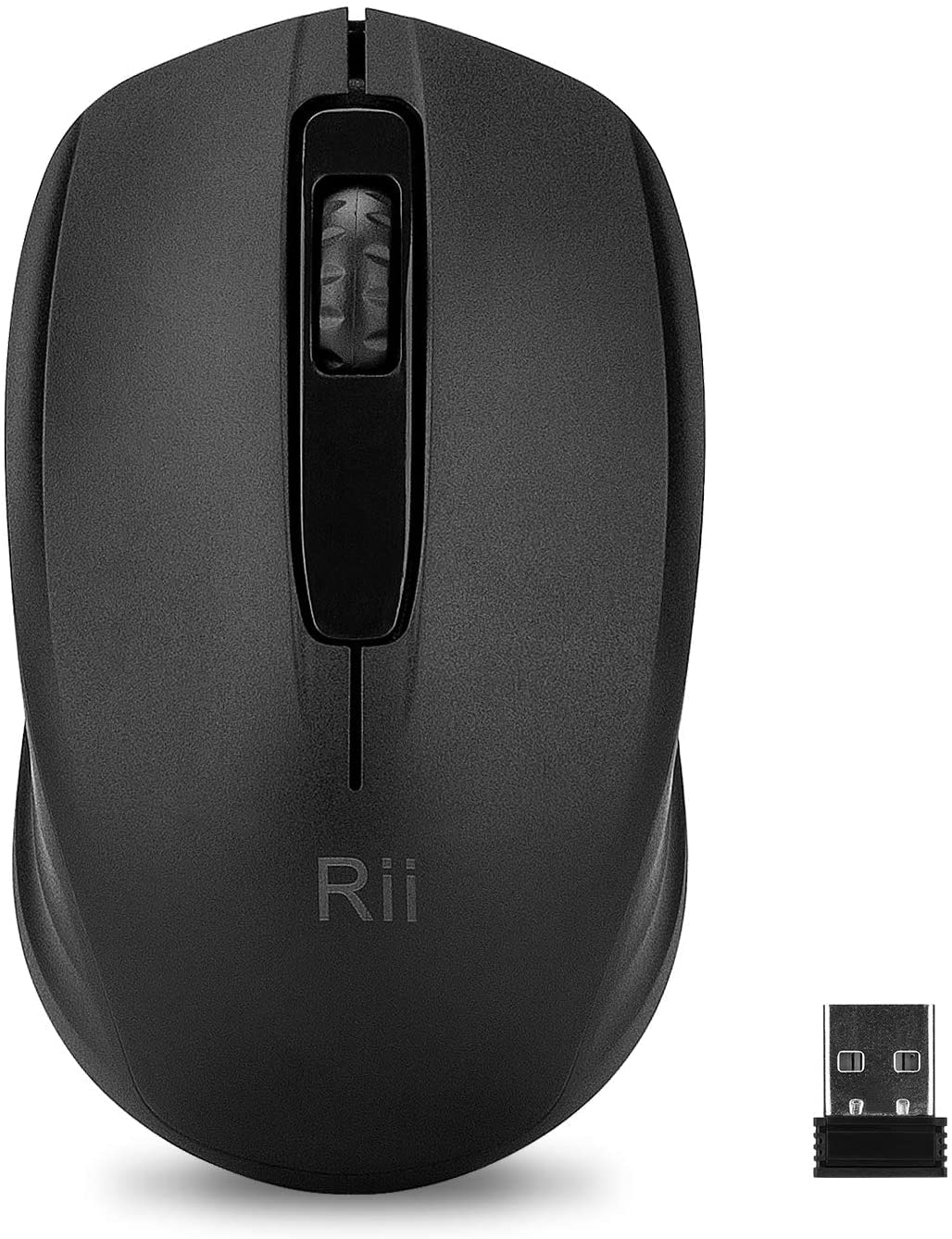 Rii wireless computer mouse with 2.4G connectivity, portable design, ergonomic shape, and smooth scrolling for comfortable use.