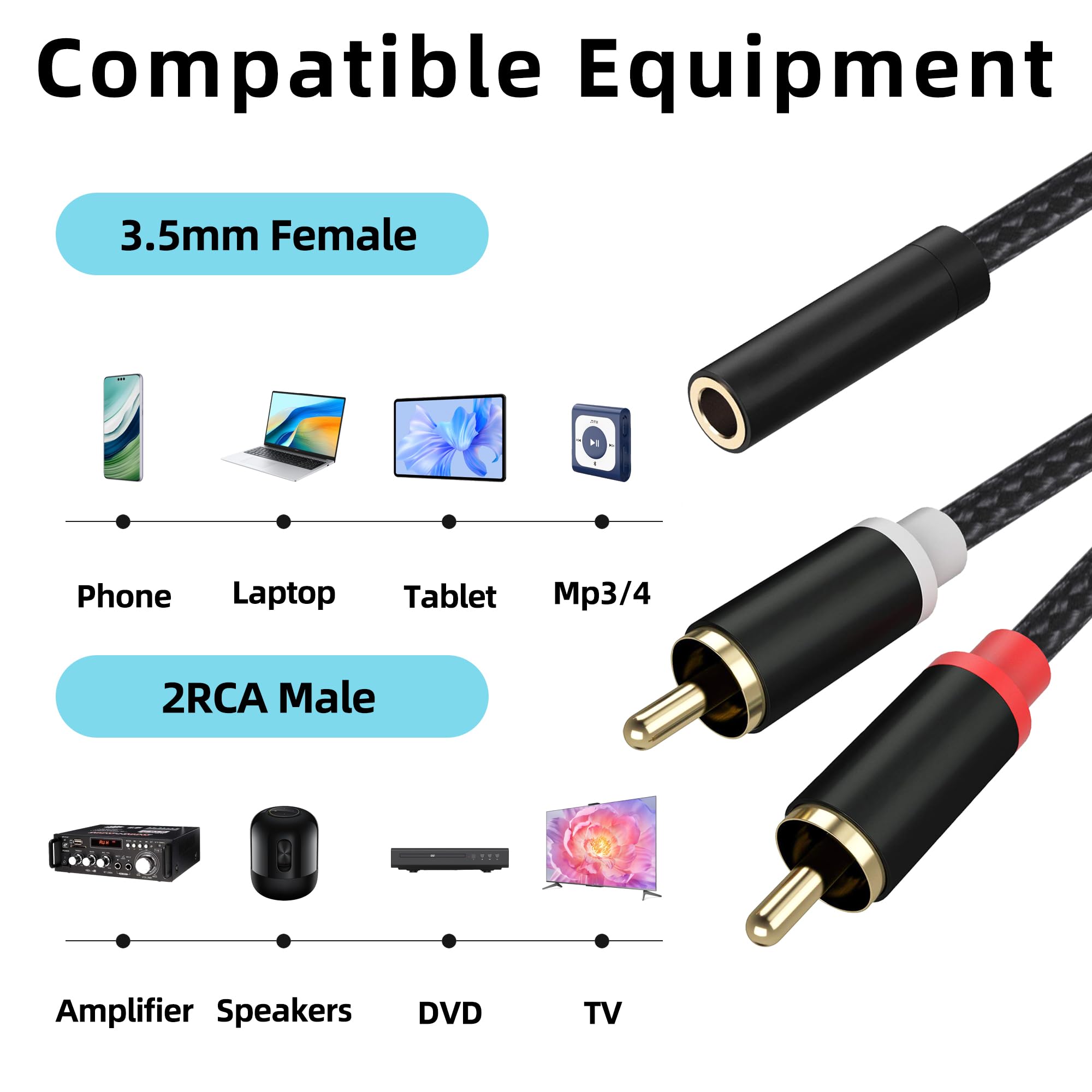 Froggen 3.5mm Female to 2 RCA Male Stereo Cable, 3.5mm to RCA Bi- by Froggen - Angle View 3