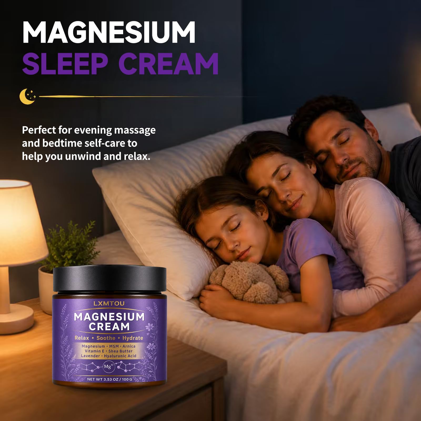 lxmtou Magnesium Cream with MSM and arnica, a skin moisturizer for sleep and muscle relief, shown in a tube with a natural setting