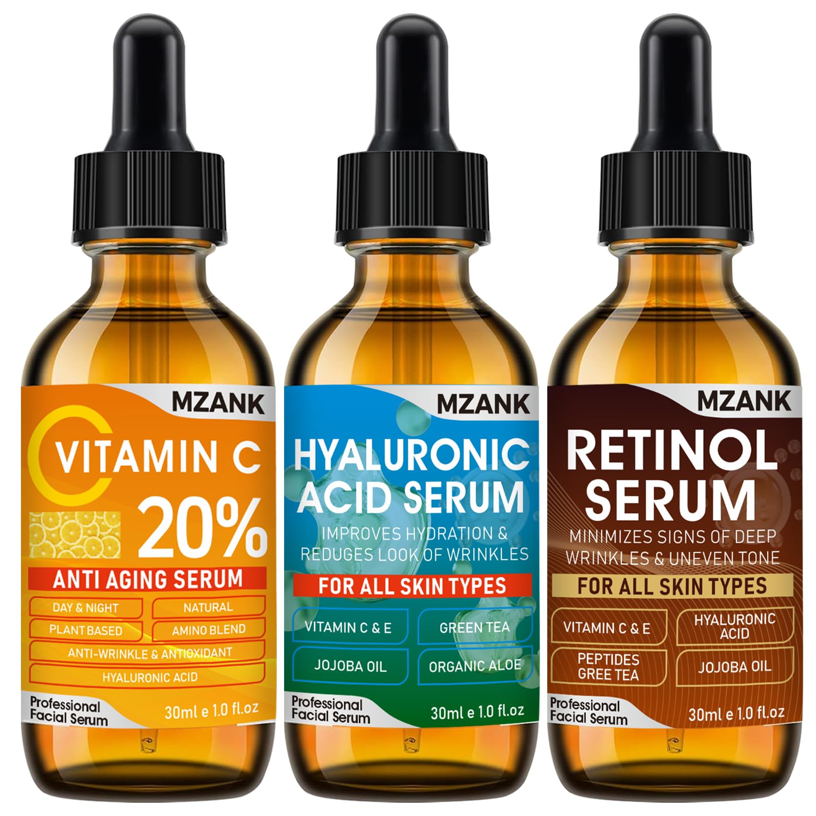 3 Pack Face Serum Skin Care Set-Includes Vitamin C, Hyaluronic - Product Imagery