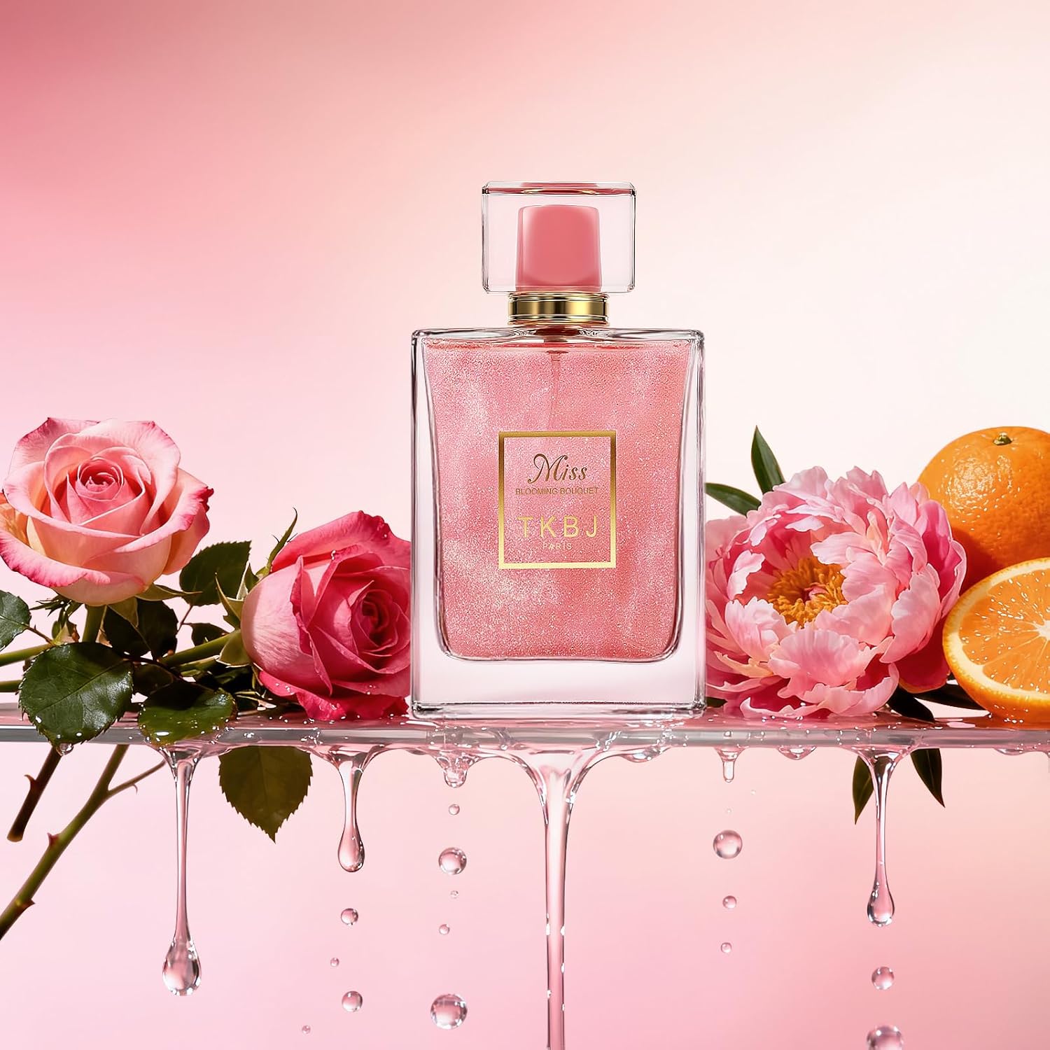 Miss Blooming Bouquet floral fruity Eau de Toilette for women by TKBJ, featuring a pink perfume bottle with a floral design.
