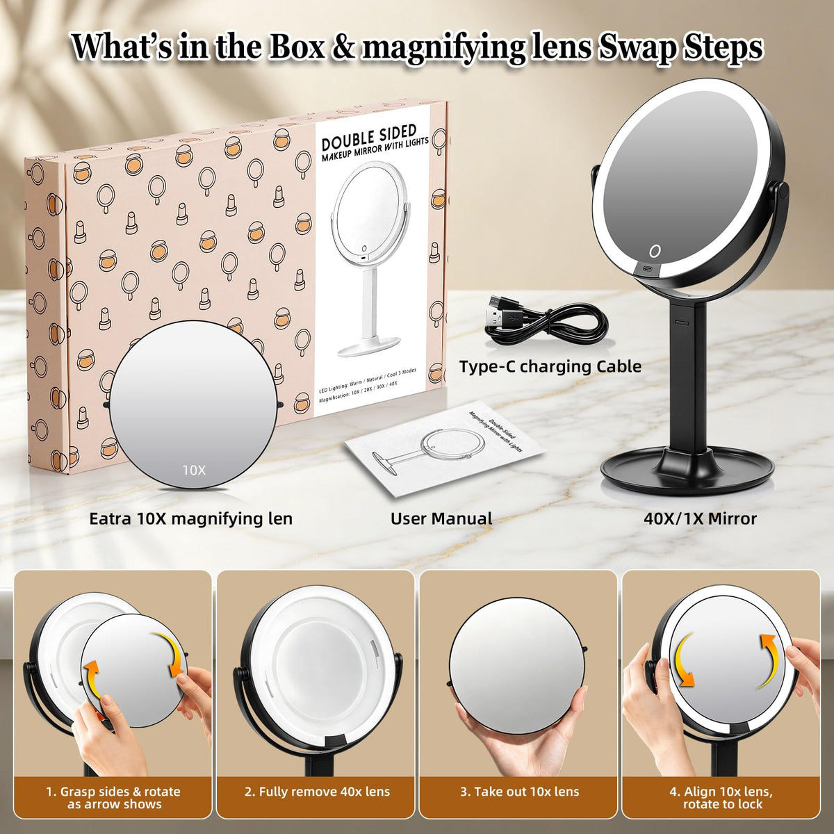 9 2 Sided Makeup Magnifying Mirror with Lights 1X - Qinxinmir Official Imagery - 6