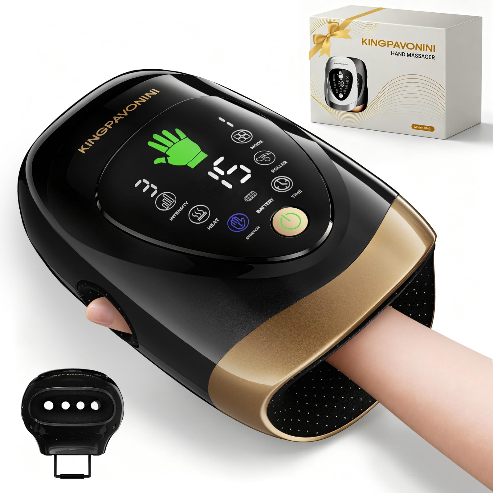 Hand Massager with Heat and Compression, Model HM01, Black - Product Imagery