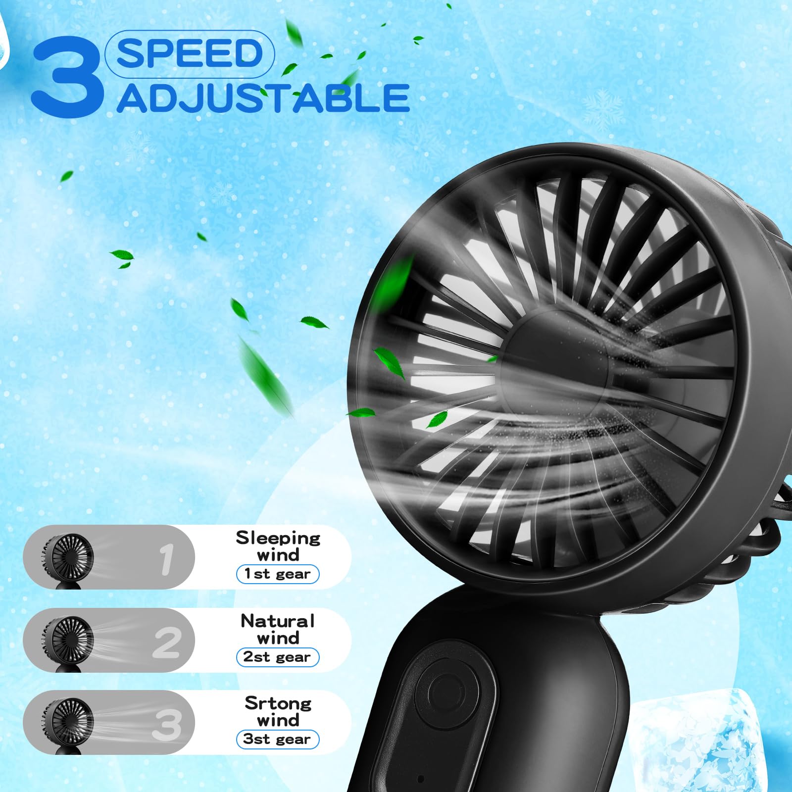 Rossesay 1 Pcs Mini Portable Fan 3 Speed Rechargeable, Black - View 5