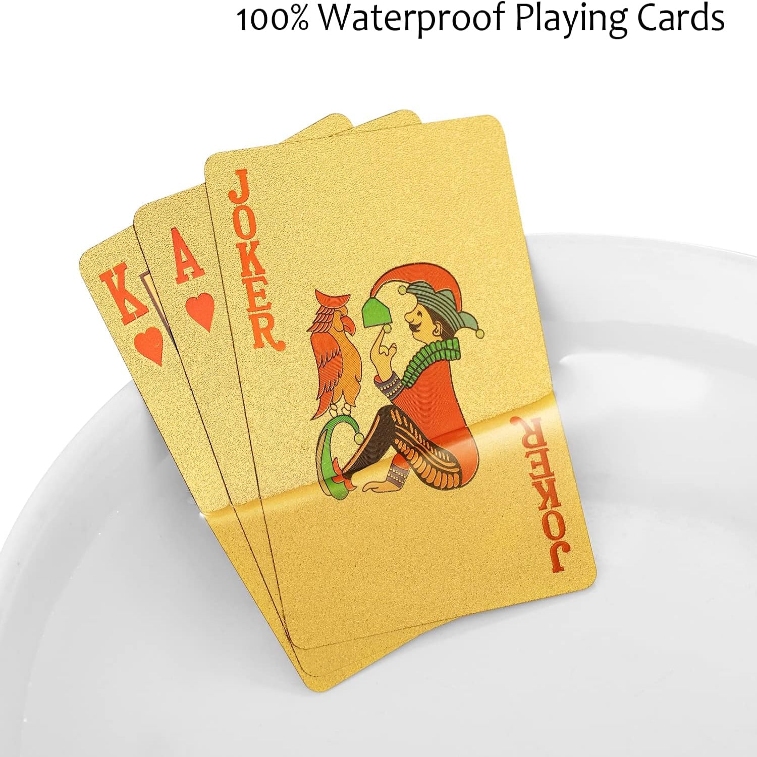 EAY gold waterproof deck of playing cards showing intricate gold design on the card backs and glossy finish.
