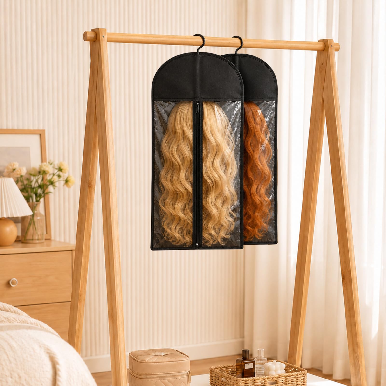 Awiniyeer 12 PCS Wig Storage Bags with Hanger, Dust-Proof Wig Holder for Multiple Wigs, Hair Extensions and Accessories, Clear Window Wigs Bags Storage Organizer(Black)