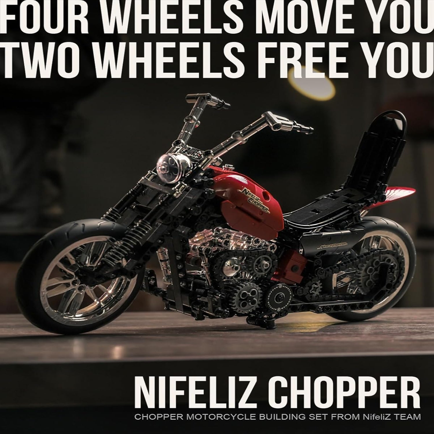 Nifeliz Chopper Motorcycle building set for adults, vintage bike model with 572 pieces, ideal for display and motorcycle enthusiasts.