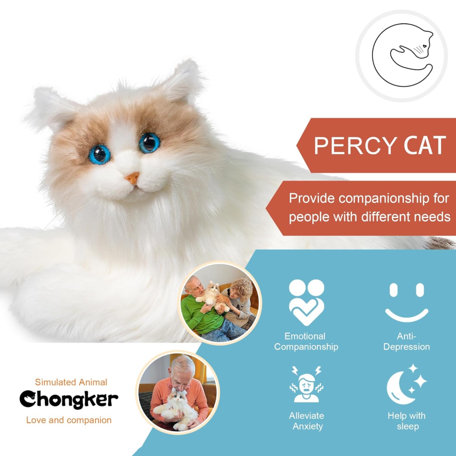 Chongker interactive companion robot cat pet, handmade weighted stuffed animal with realistic features and soft fabric.