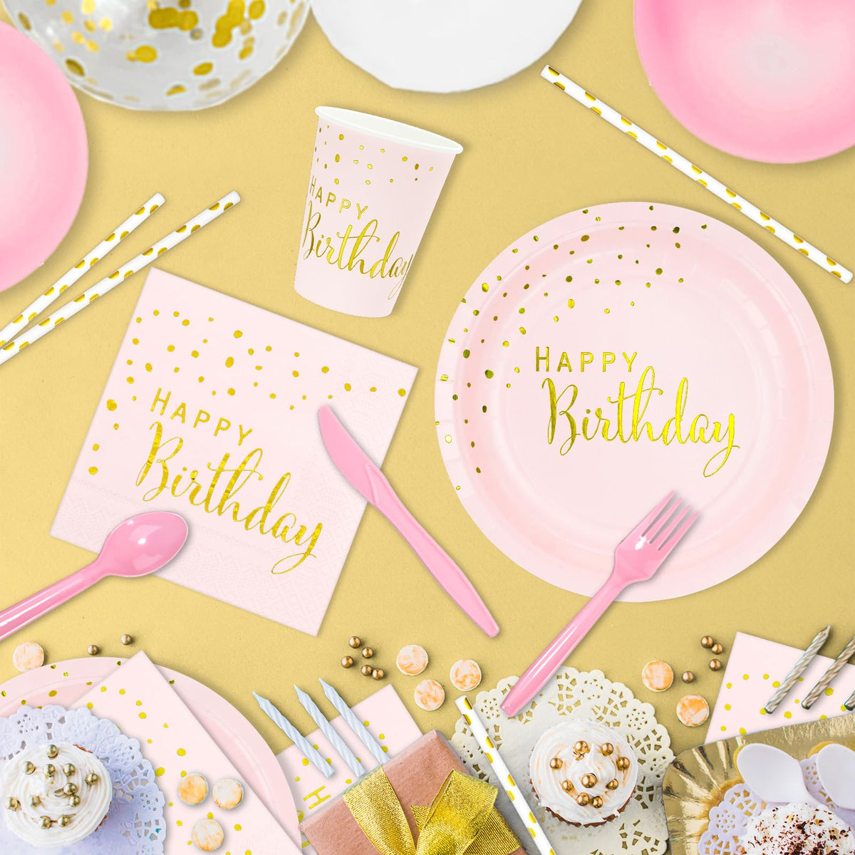 DYLIVeS 192pcs Pink Gold Dots Happy Birthday Party Pack - DYLIVeS Official Imagery - 6