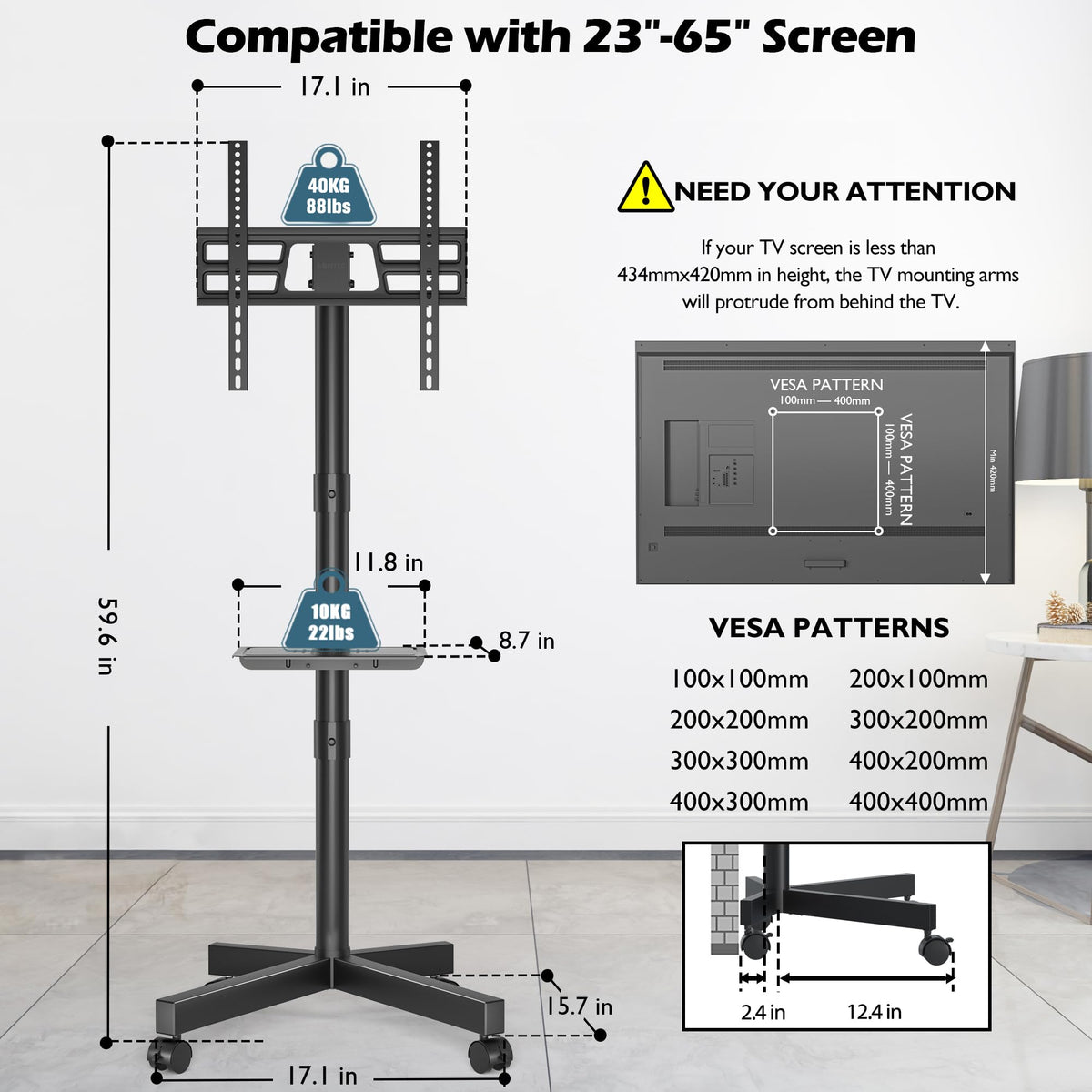 BONTEC Rolling TV Stand with Tilt Mobile TV Stand Wheels for - BONTEC Official Imagery - 4