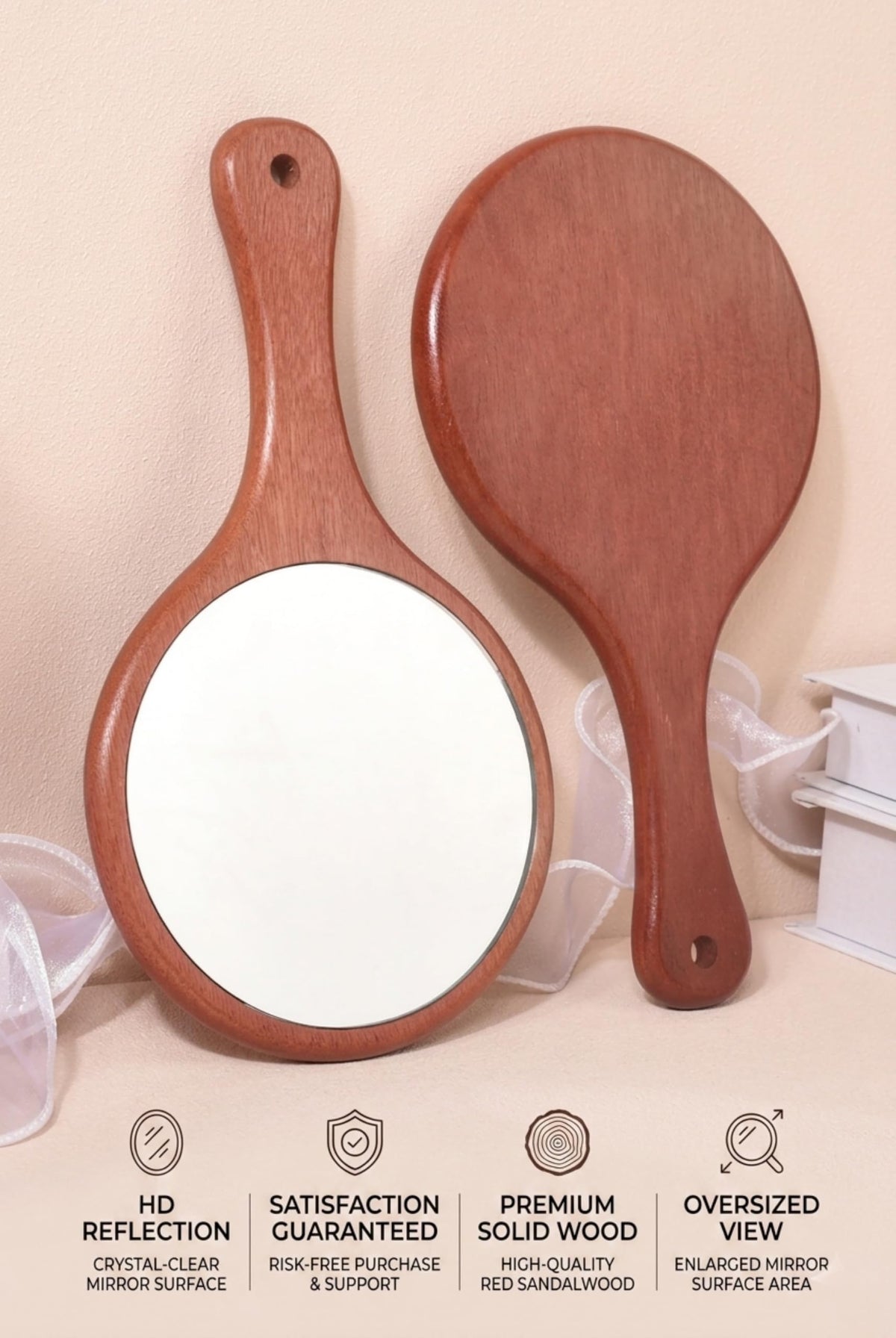 Solid Red Sandwood Handheld Mirror with Handle HD Crystal - URVIP Official Imagery - 6