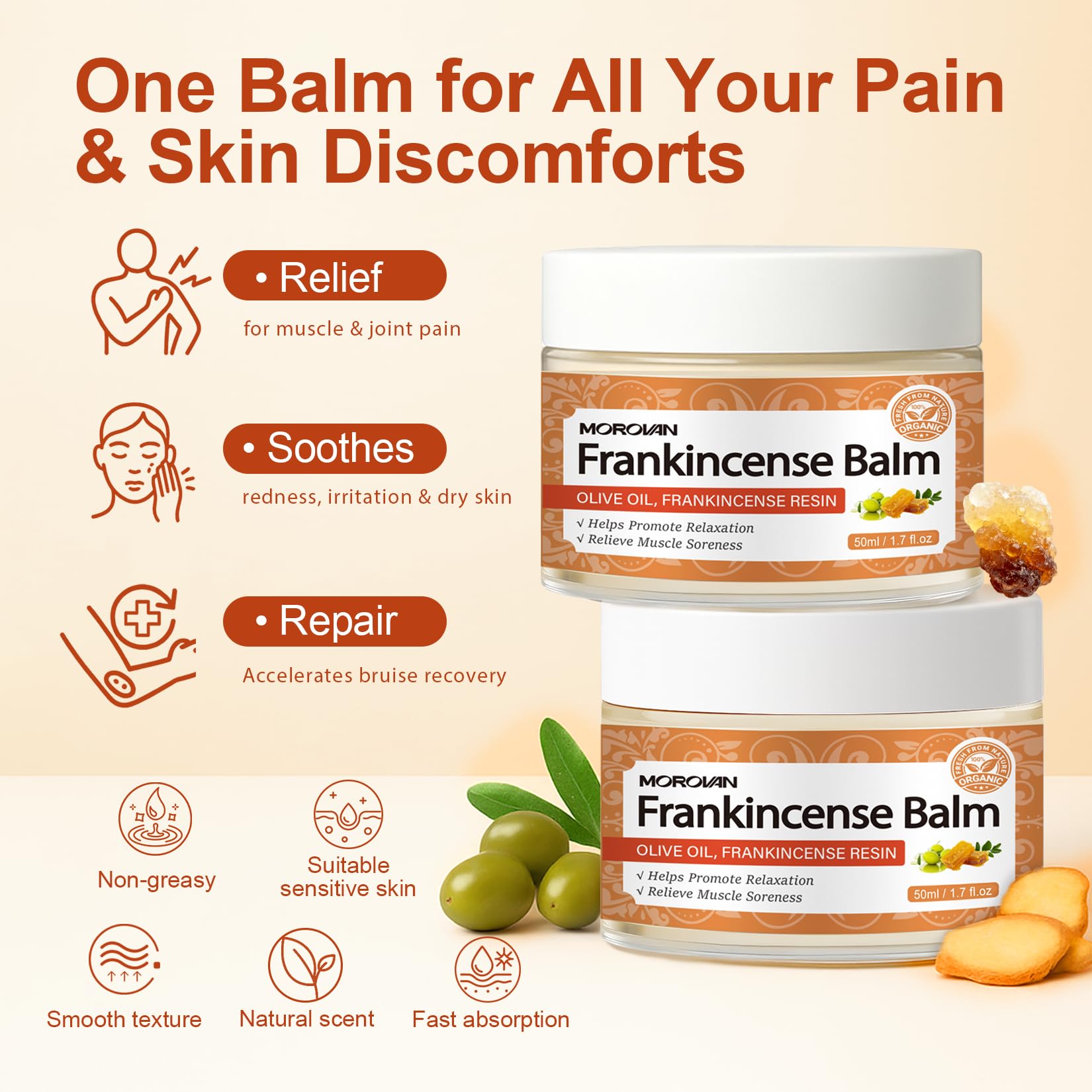 Morovan Frankincense Bruise Balm moisturizer for joints and skin, showing the balm container and natural ingredients.