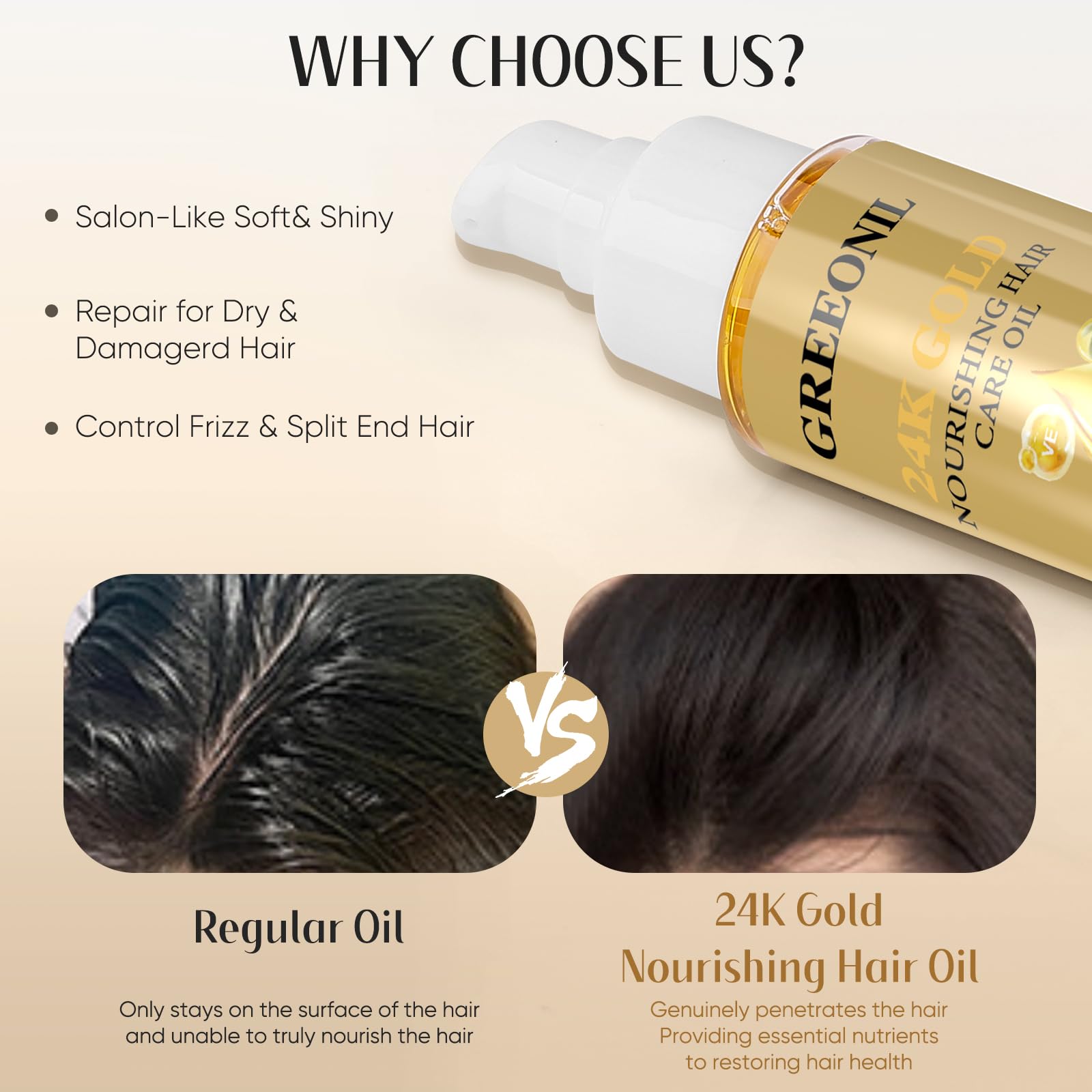 GREEONIL 24K Gold Argan, Coconut, and Olive Oil Serum for Frizz Control, Shine, - GREEONIL Official Product View 5