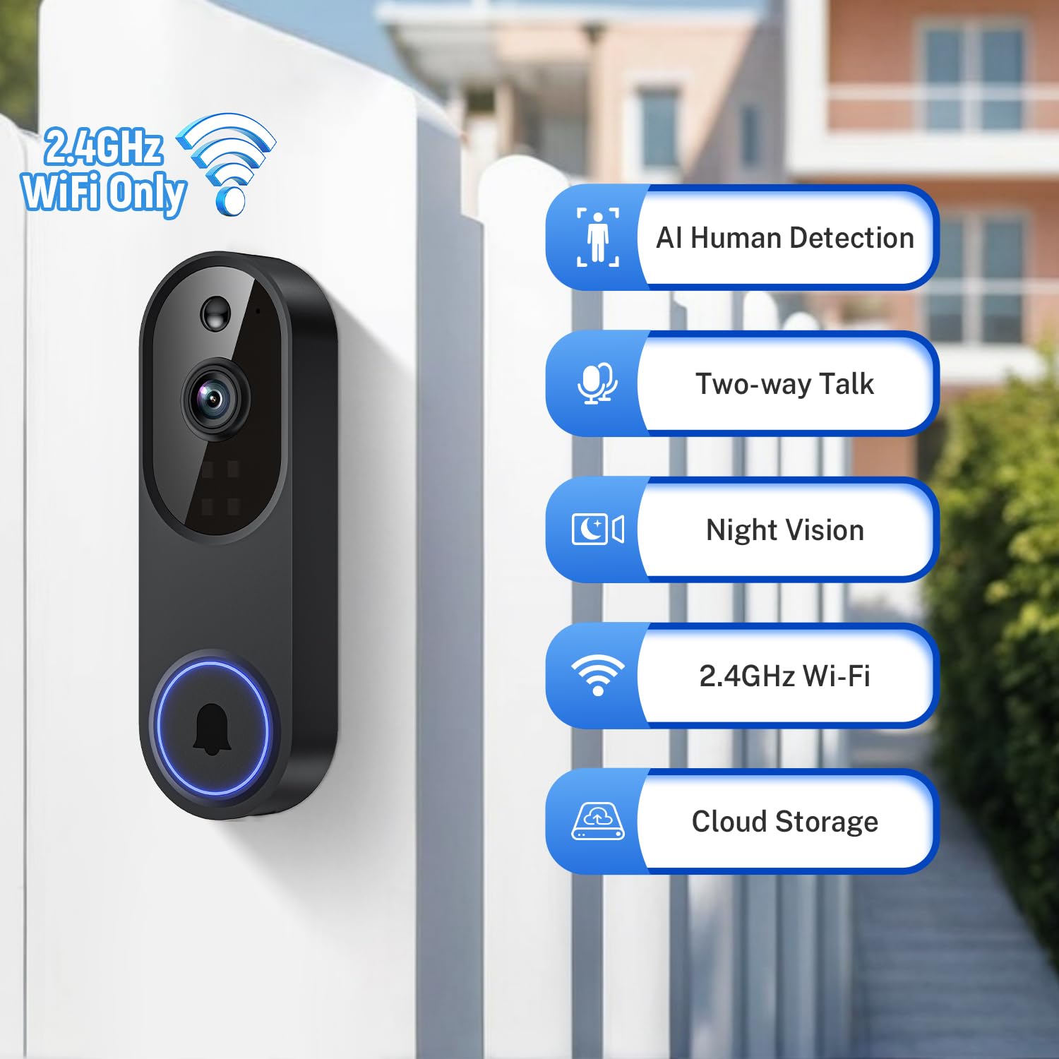 Orbitell 1080p wireless Wi-Fi video doorbell camera with night vision, two-way audio, AI motion detection, and cloud storage.