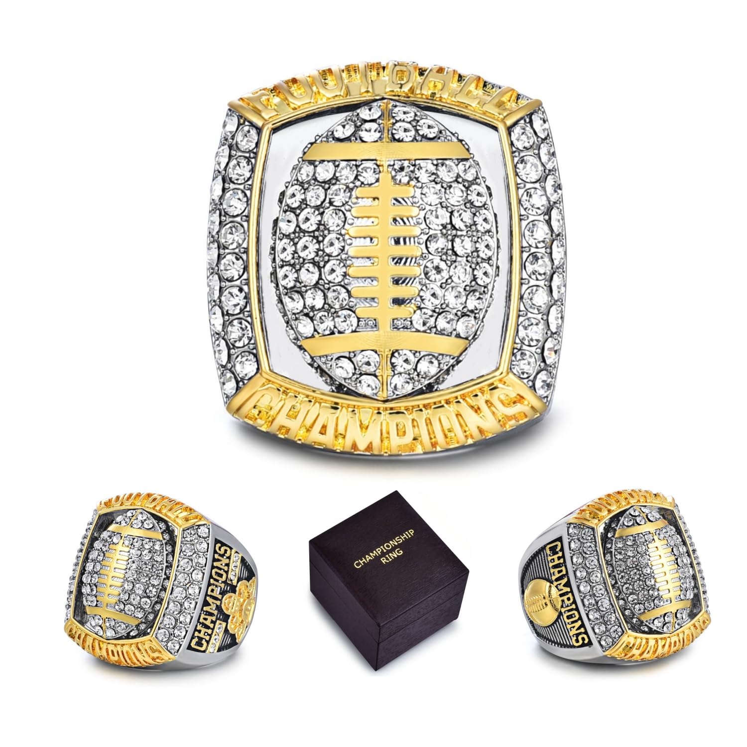 Football Championship Ring Crystal Rhinestone Two-Tone