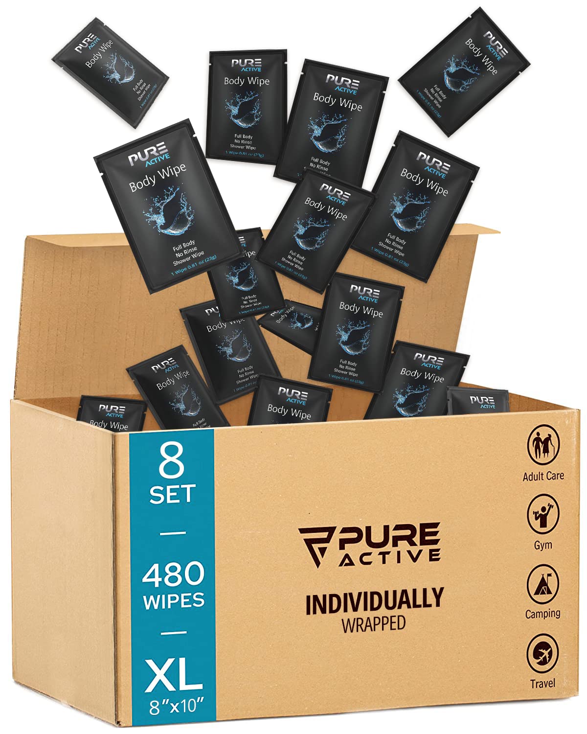 Shower Body Wipes 40 Individually Wrapped Personal Hygiene - Pure Active Official Imagery - 8