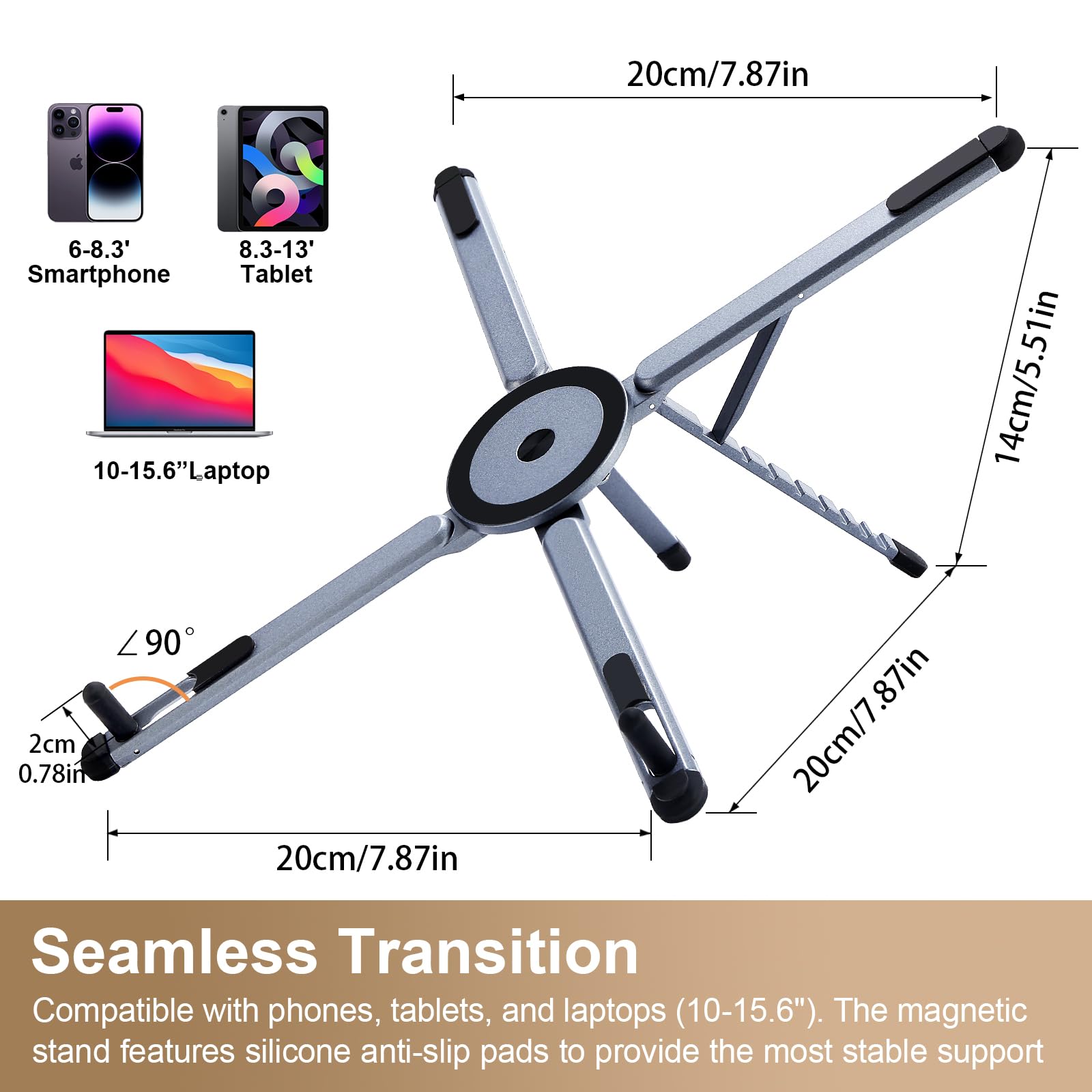 Kosoko 3-in-1 foldable magnetic phone tripod stand with adjustable aluminum holder for tablets, laptops, and smartphones like iPhone and Android.