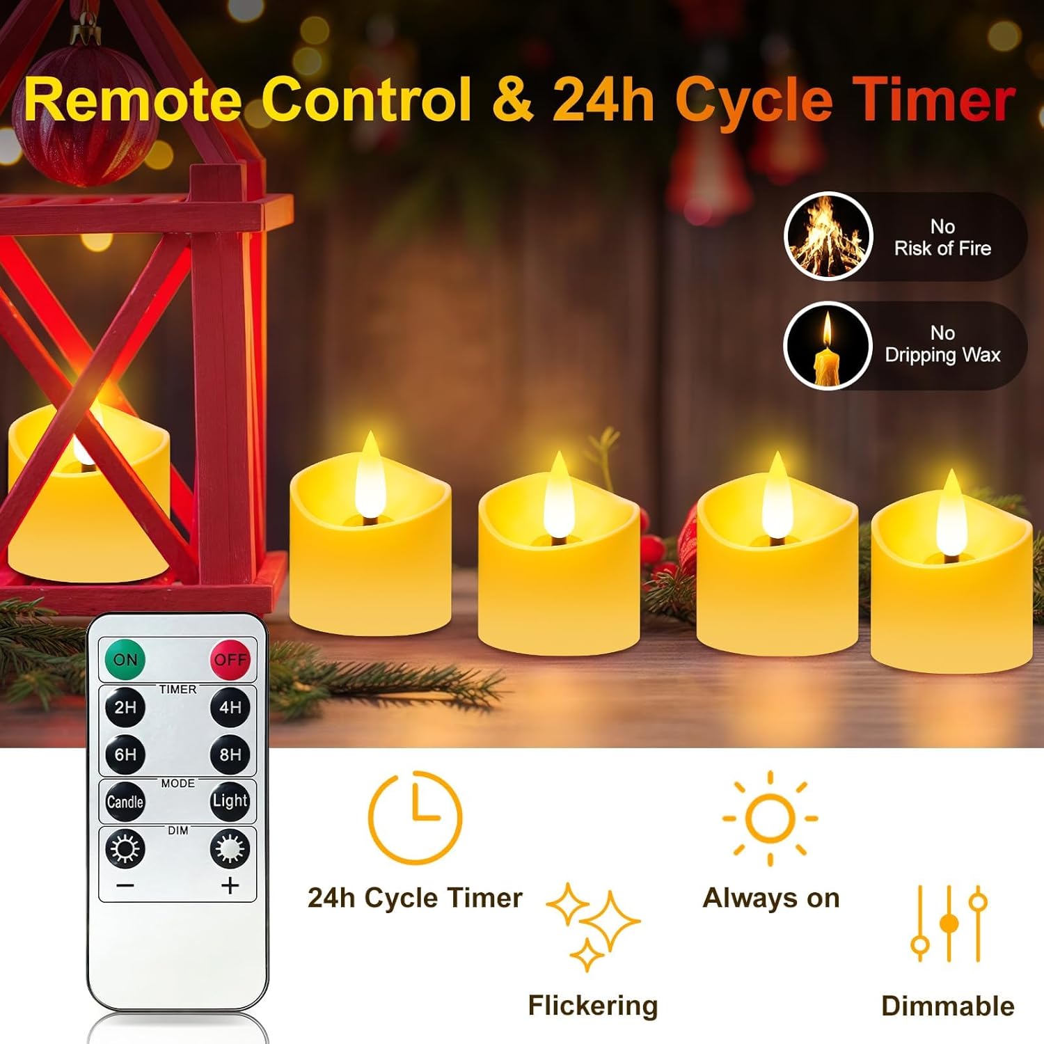 YiaMia 12-pack rechargeable tea lights with magnetic wireless charging, showing warm glow and sleek black design.