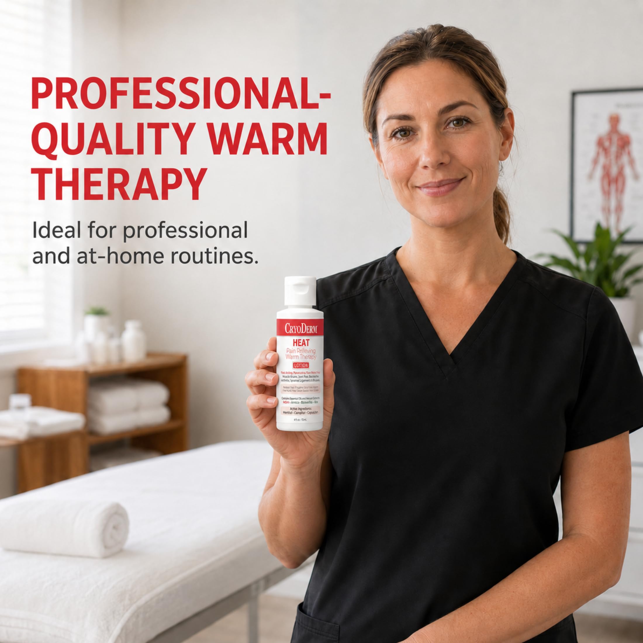 CryoDerm Heat Warming Pain Relief Lotion 4oz bottle, skin care agent for soothing muscle and joint pain relief.